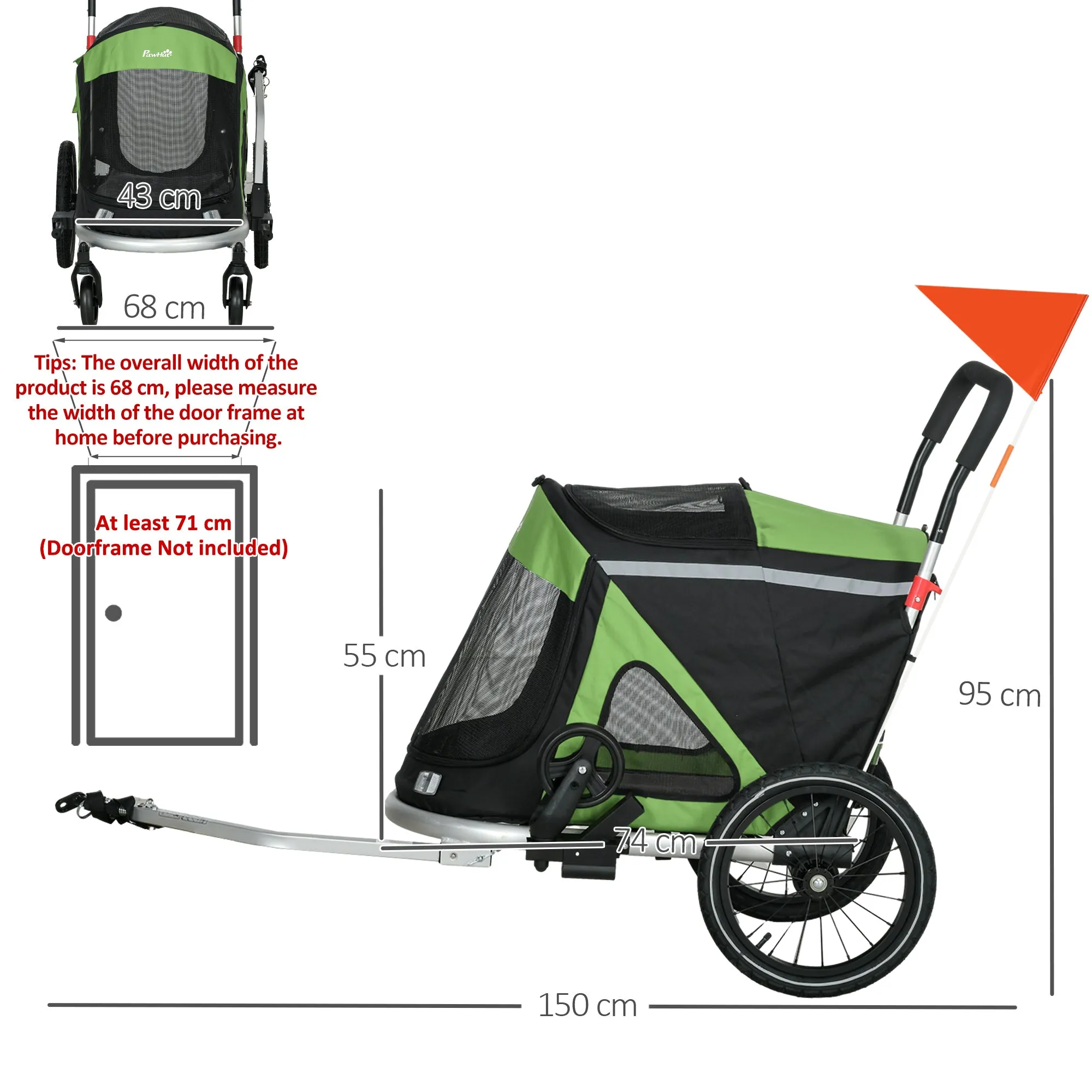 2 in 1 Aluminium Foldable Dog Bike Trailer, Pet Stroller, for Medium Dogs - Green