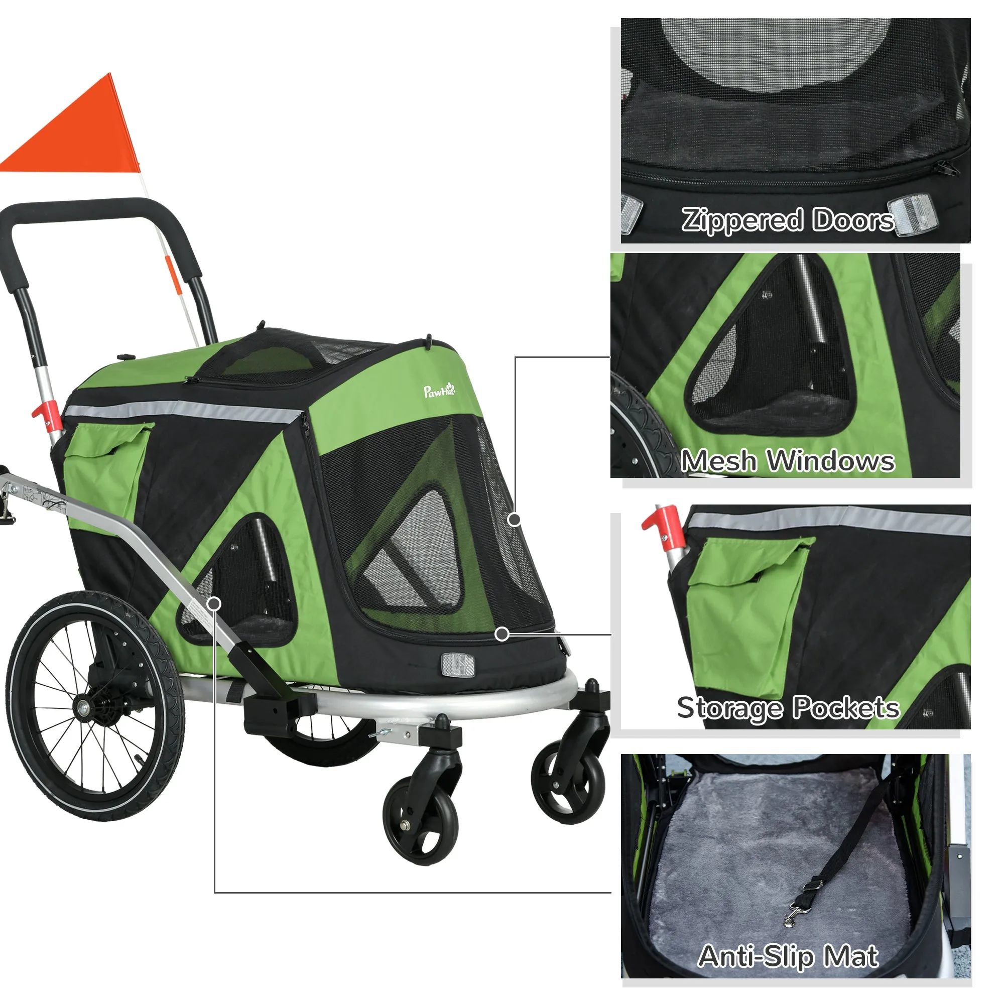 2 in 1 Aluminium Foldable Dog Bike Trailer, Pet Stroller, for Medium Dogs - Green