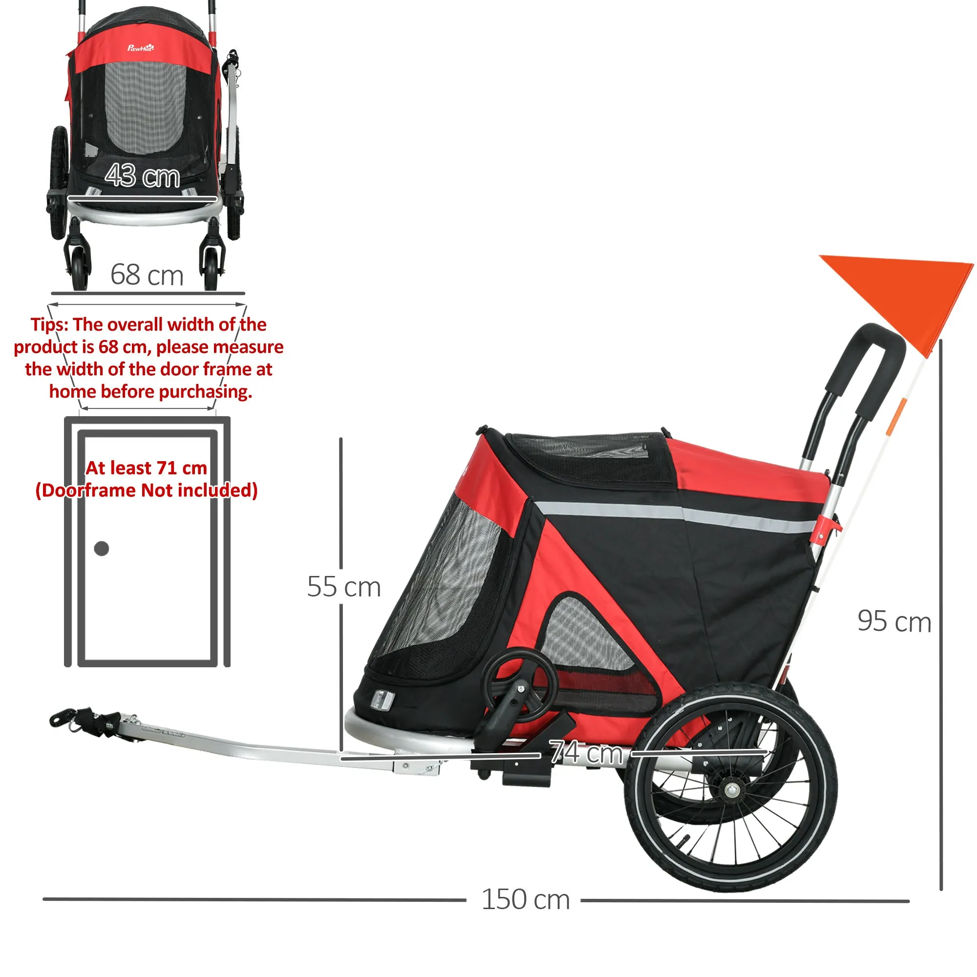 2 in 1 Aluminium Foldable Dog Bike Trailer, Pet Stroller, for Medium Dogs - Red