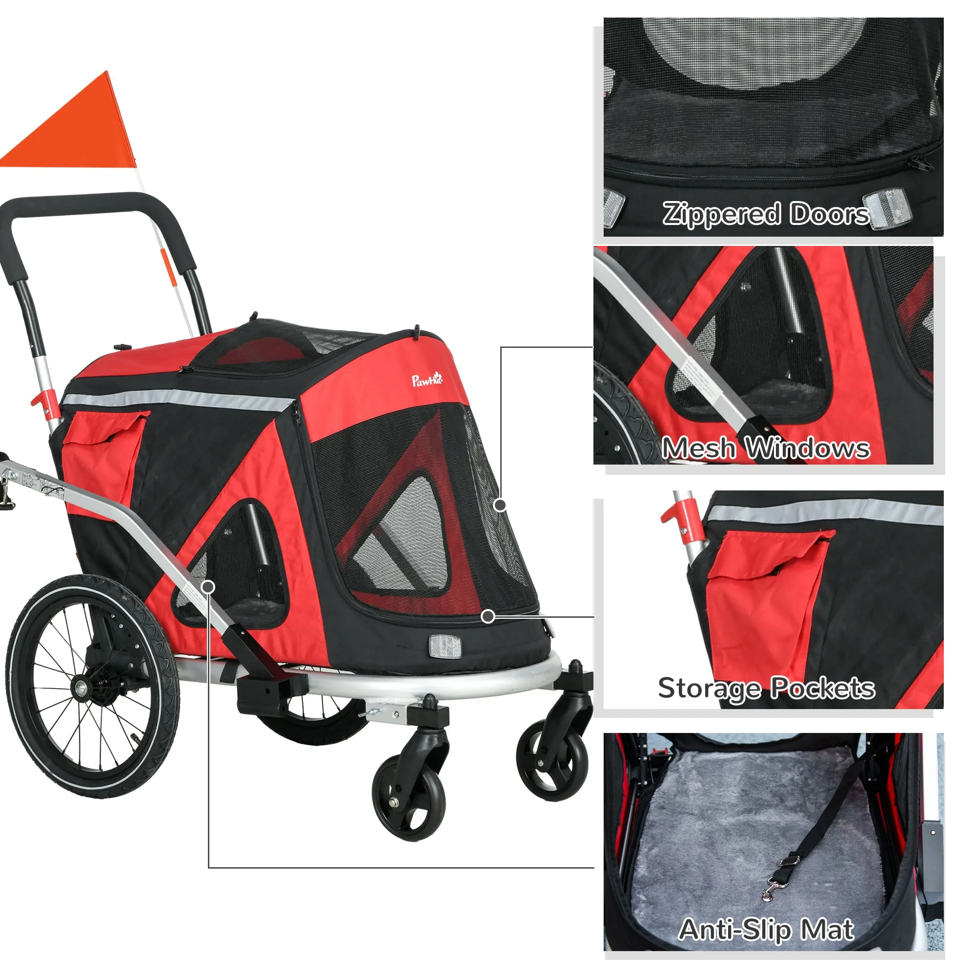 2 in 1 Aluminium Foldable Dog Bike Trailer, Pet Stroller, for Medium Dogs - Red