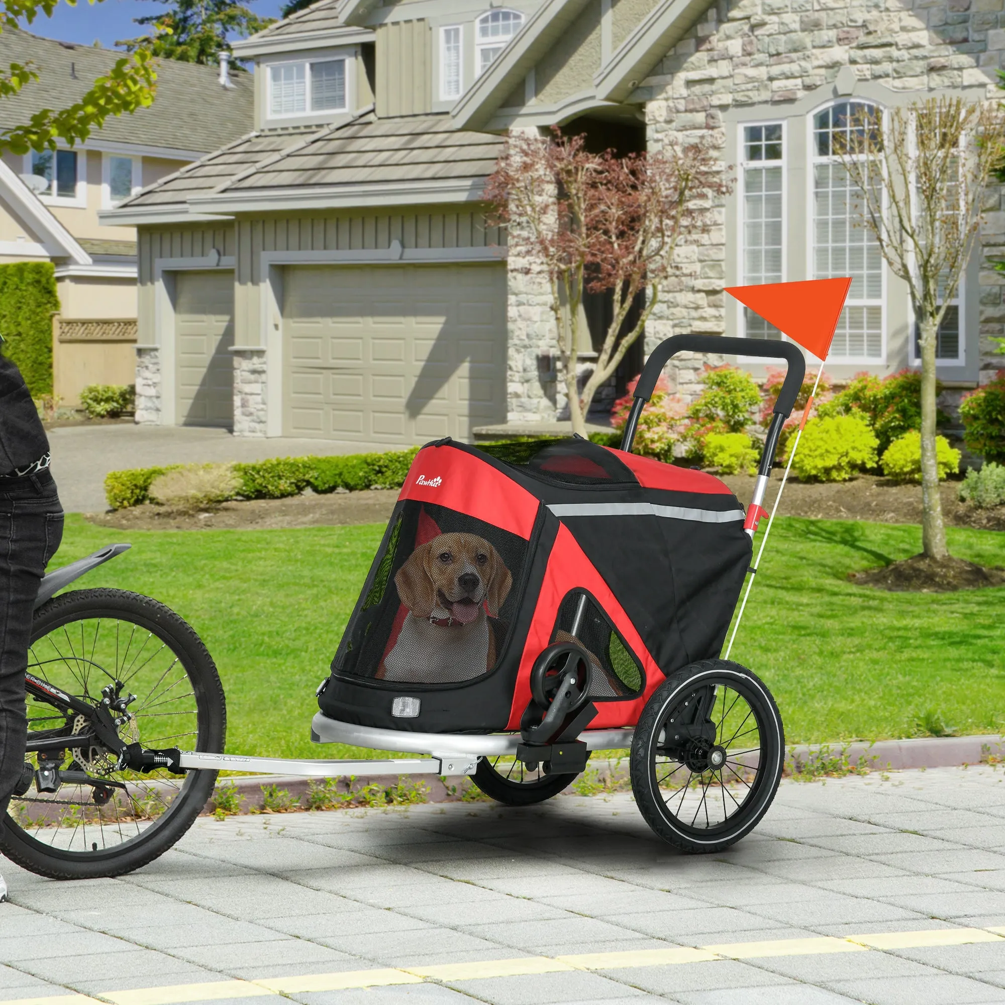 2 in 1 Aluminium Foldable Dog Bike Trailer, Pet Stroller, for Medium Dogs - Red