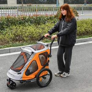 2 IN 1 Dog Bike Trailer Pet Carrier Stroller 360√Ç¬¨√Ç¬®√Ç¬¨√¢¬à¬û Rotatable Front Wheel Reflectors Parking Straps Hitch Coupler Cup Holder Water Resistant Orange