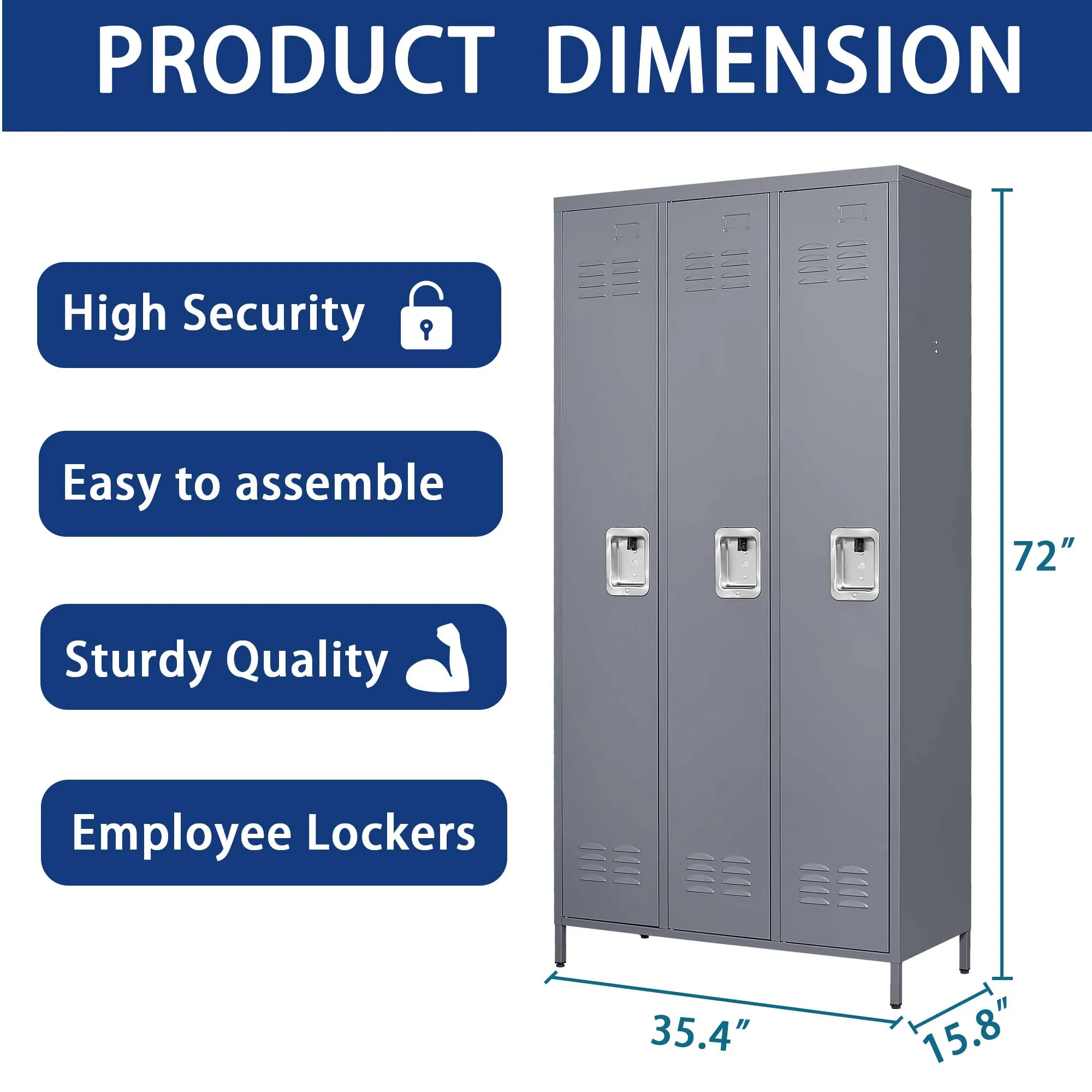 3 Door 72"H Metal Lockers With Lock for Employees,Storage Locker Cabinet  for Home Gym Office School Garage,Gray