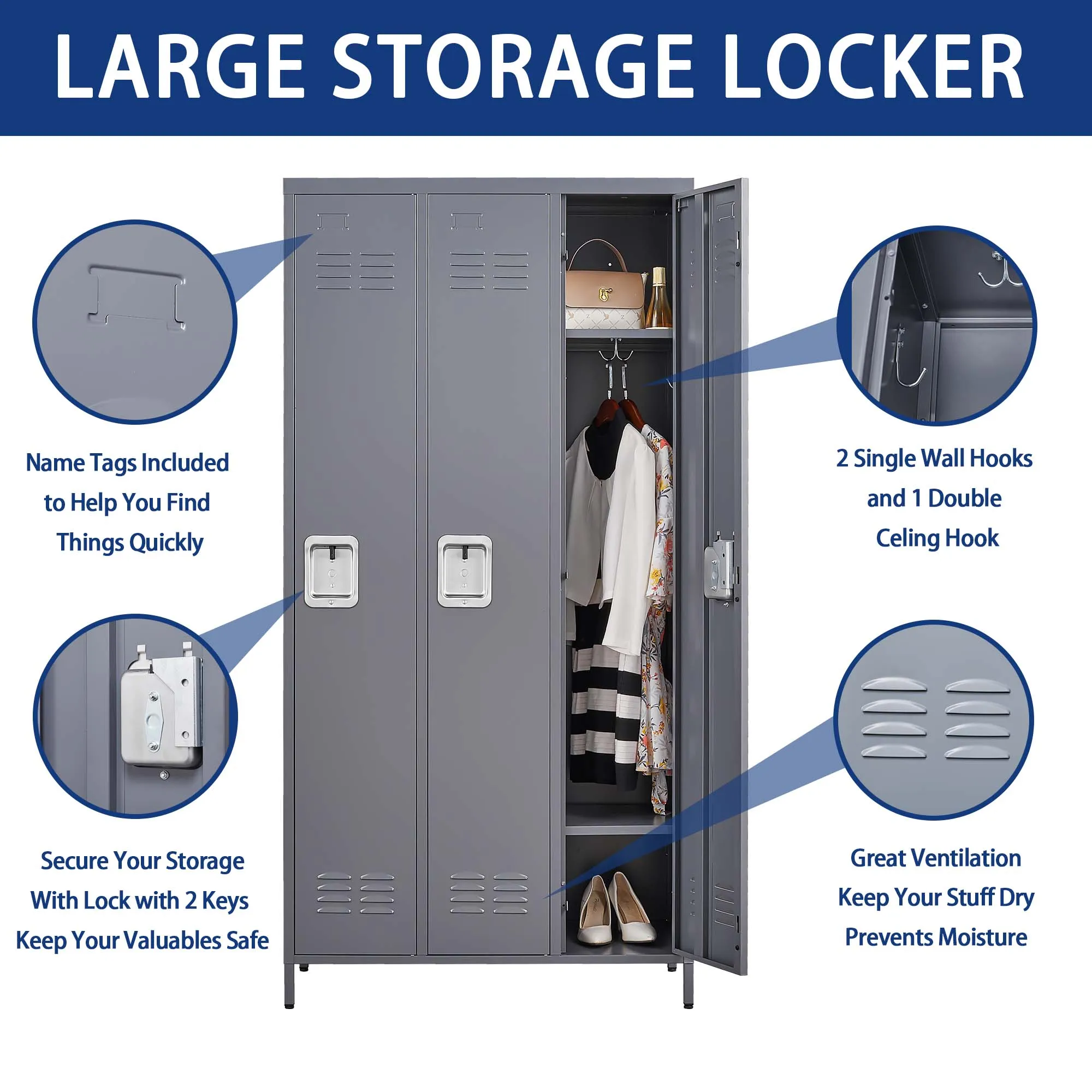 3 Door 72"H Metal Lockers With Lock for Employees,Storage Locker Cabinet  for Home Gym Office School Garage,Gray