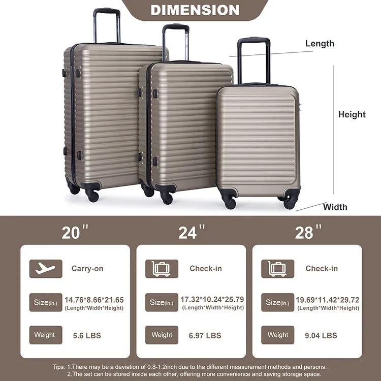 3 Piece Luggage Sets ABS Lightweight Suitcase with Two Hooks, Spinner Wheels, TSA Lock, (20/24/28) GOLD