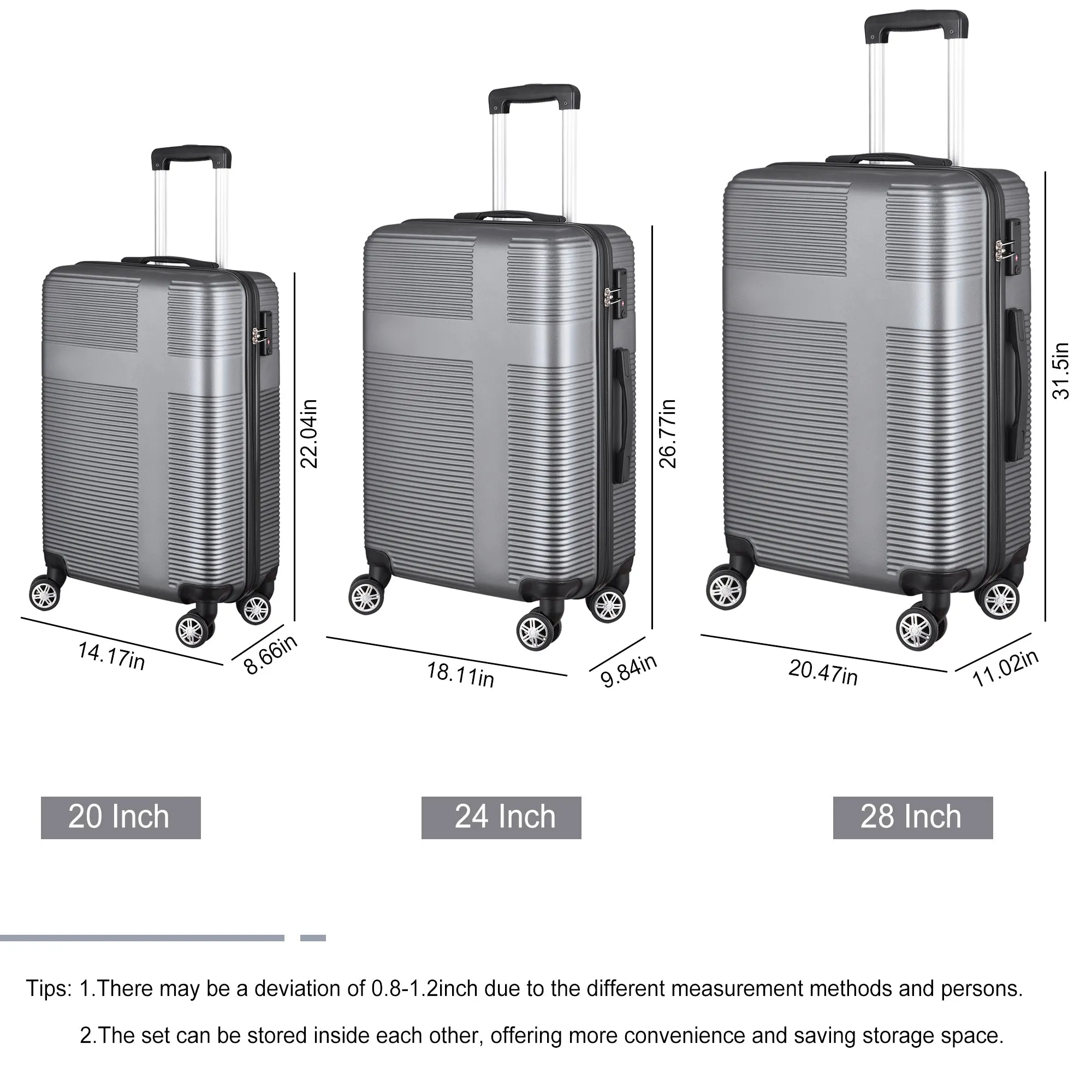 3 Piece Luggage with TSA Lock ABS, Durable Luggage Set, Lightweight Suitcase with Hooks, Spinner Wheels Cross Stripe Luggage Sets 20in/24in/28in