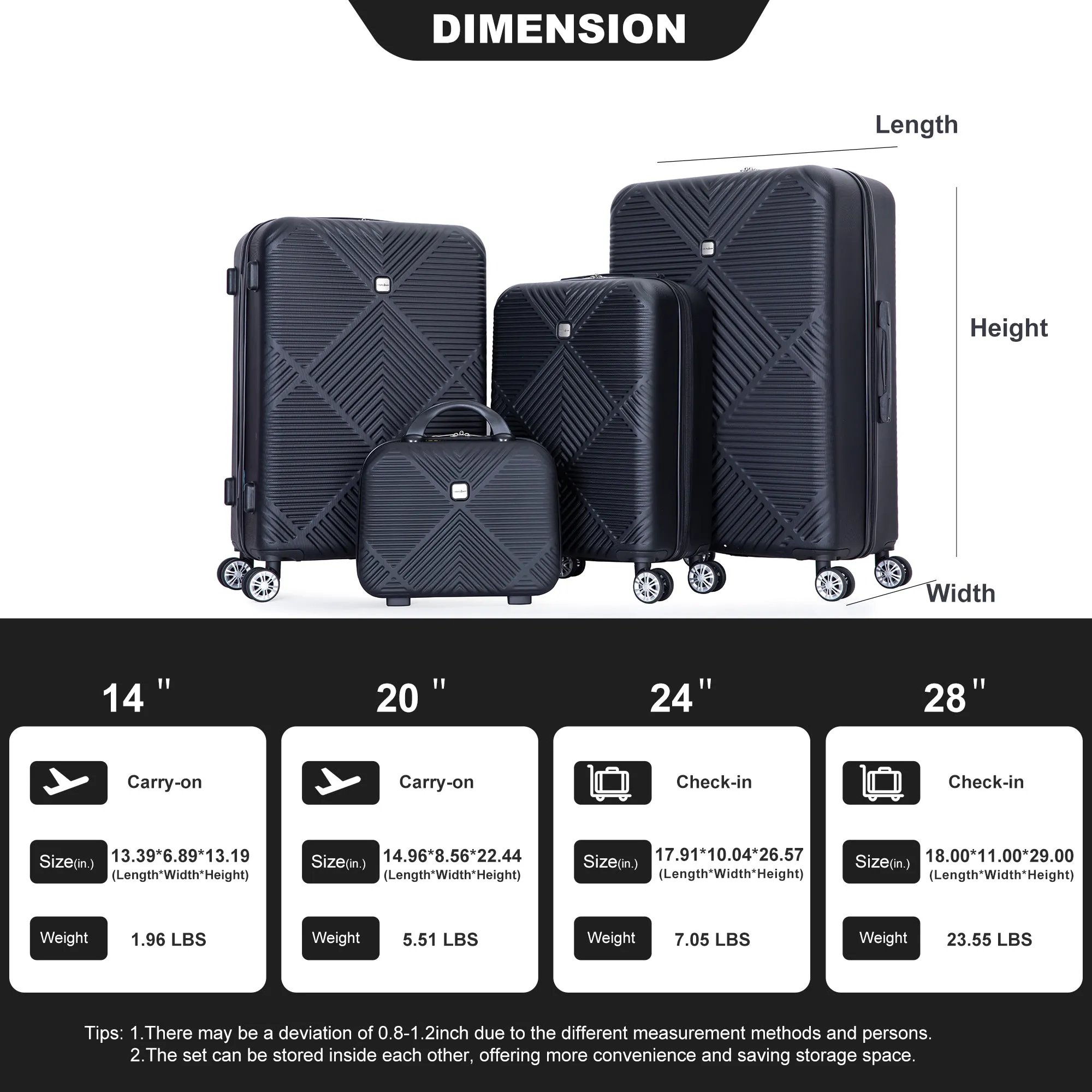 4-piece ABS lightweight suitcase, 14 inch makeup box, aircraft wheels (14/20/24/28) BLACK