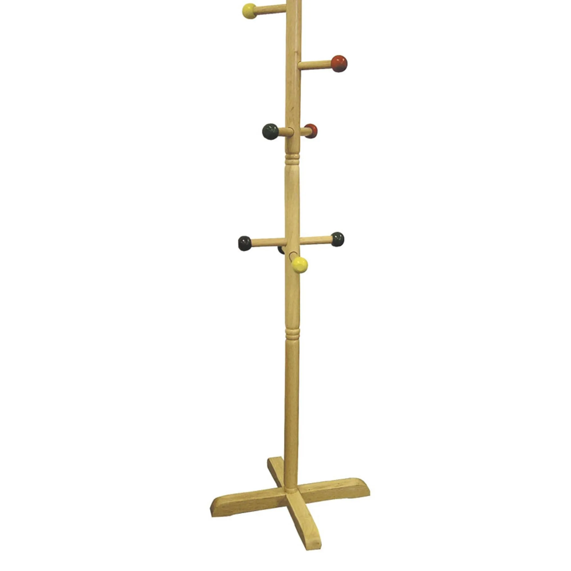 49.5" Tall Wooden Kids Standing Coat Rack, Natural Finish, 8 Colored Pegs