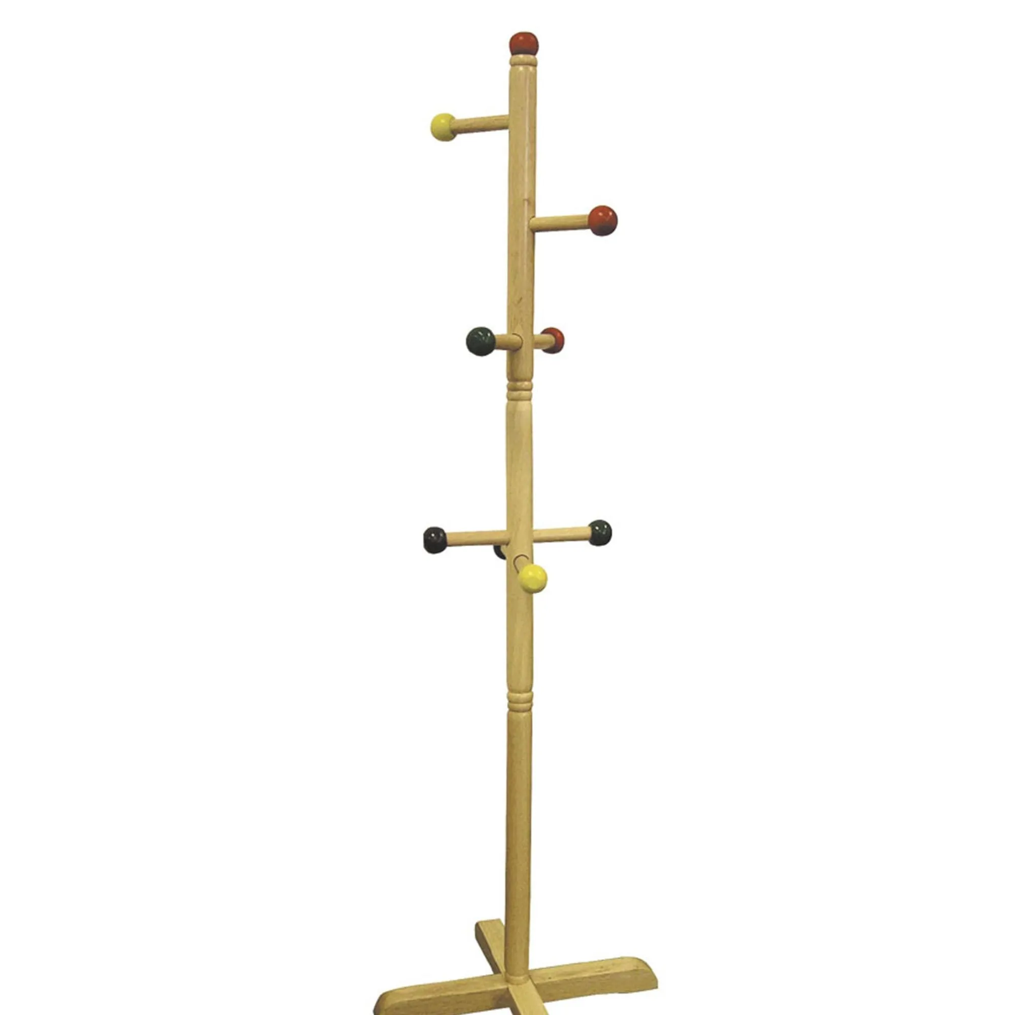 49.5" Tall Wooden Kids Standing Coat Rack, Natural Finish, 8 Colored Pegs