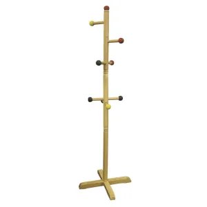 49.5" Tall Wooden Kids Standing Coat Rack, Natural Finish, 8 Colored Pegs