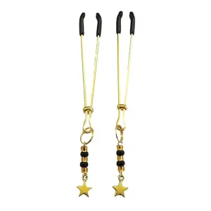 Bijoux De Nip Tweezer Nipple Clamp W/black & Gold Beads W/star - Gold