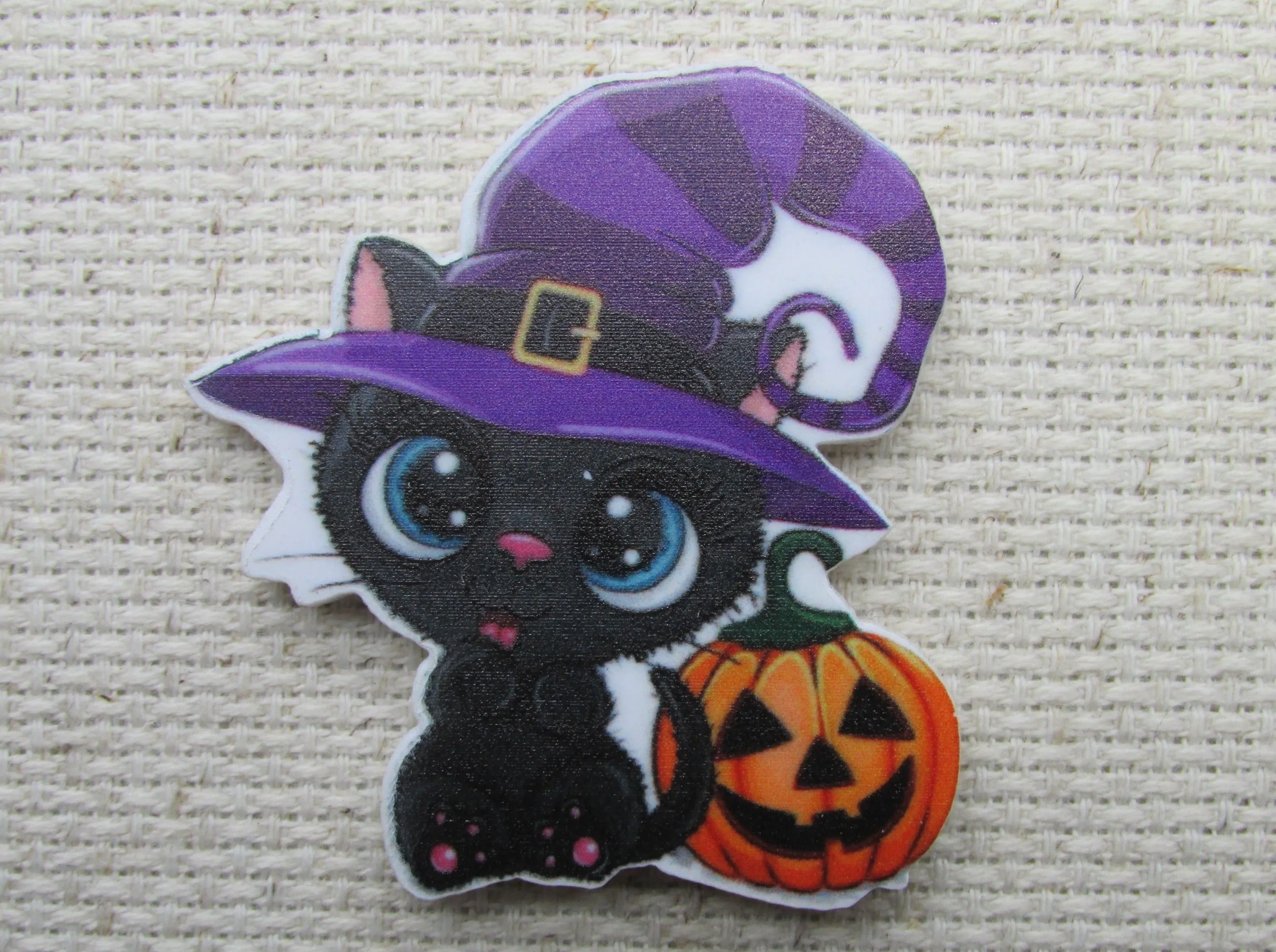 Black Witch Cat with a Jack-O-Lantern Needle Minder, Cover Minder, Magnet