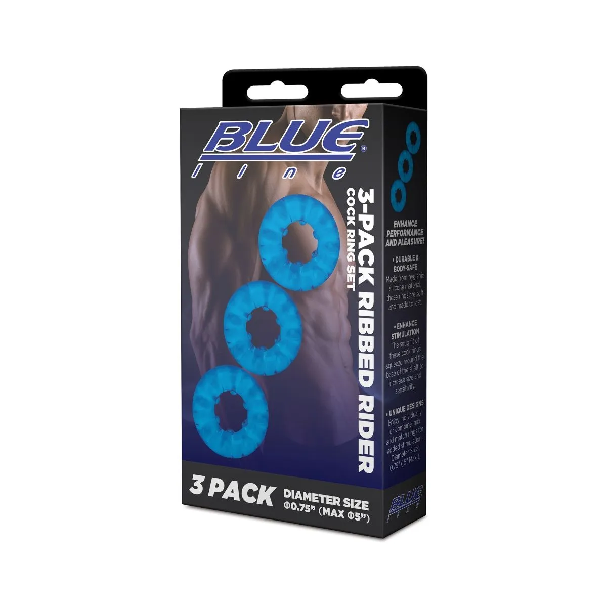 Blue Line Ribbed Rider Cock Ring Set 3 Pack Blue