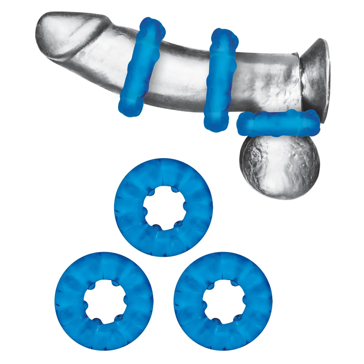 Blue Line Ribbed Rider Cock Ring Set 3 Pack Blue