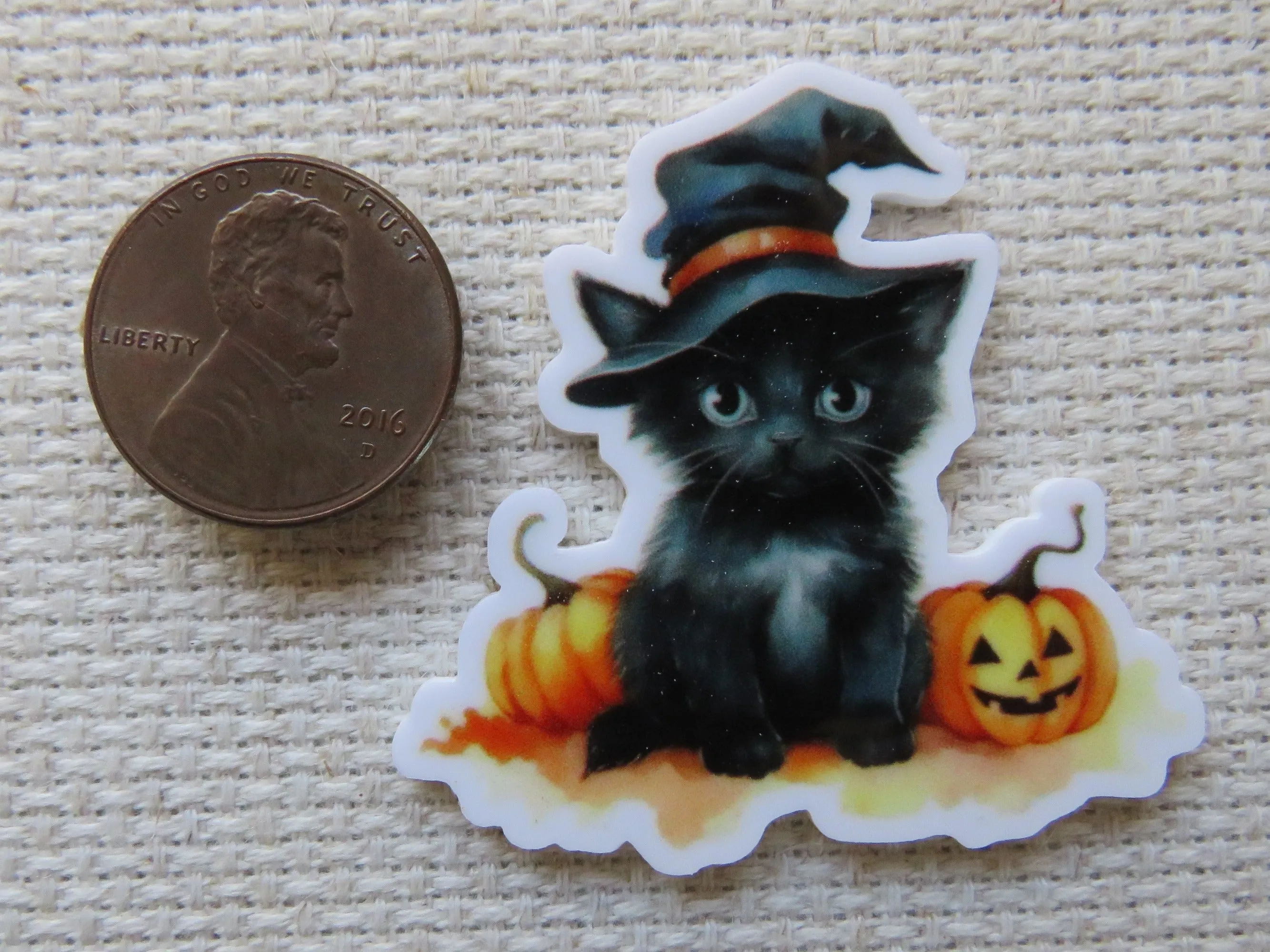 Cute Black Cat Sitting with Pumpkins Needle Minder, Cover Minder, Magnet