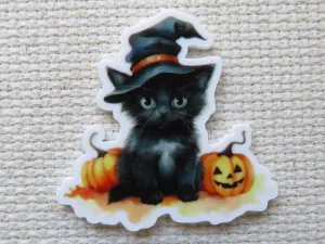 Cute Black Cat Sitting with Pumpkins Needle Minder, Cover Minder, Magnet