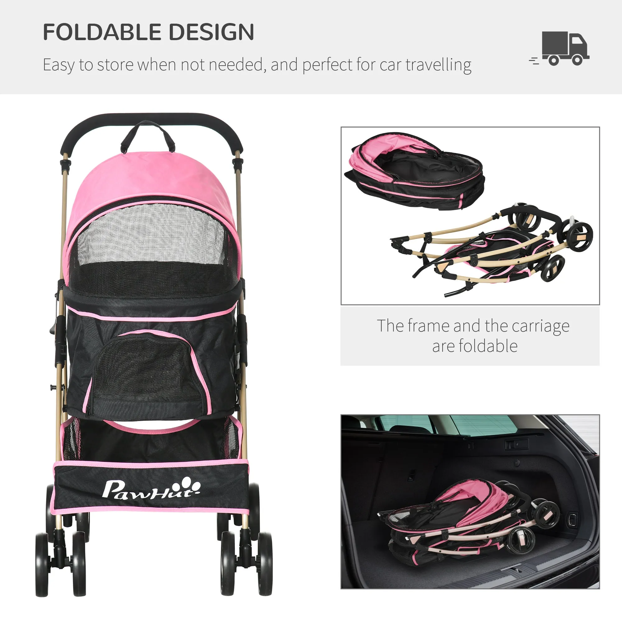 Detachable Pet Stroller, 3 In 1 Dog Cat Travel Carriage, Foldable Carrying Bag w/ Universal Wheels, Brake, Canopy, Basket, Storage Bag - Pink