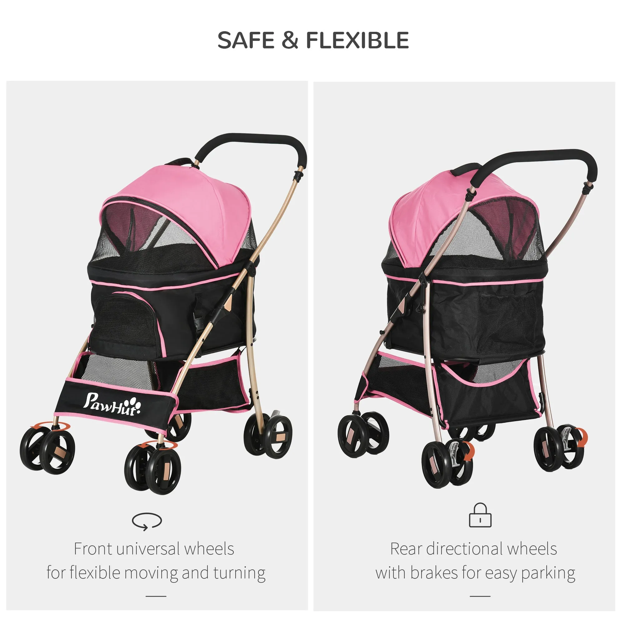 Detachable Pet Stroller, 3 In 1 Dog Cat Travel Carriage, Foldable Carrying Bag w/ Universal Wheels, Brake, Canopy, Basket, Storage Bag - Pink