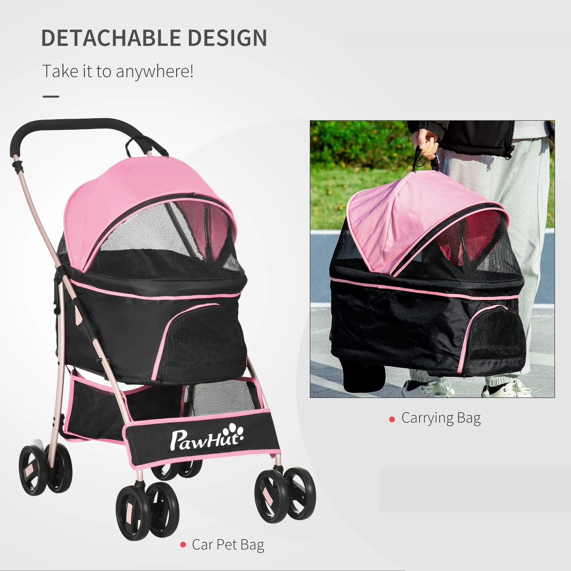 Detachable Pet Stroller, 3 In 1 Dog Cat Travel Carriage, Foldable Carrying Bag w/ Universal Wheels, Brake, Canopy, Basket, Storage Bag - Pink