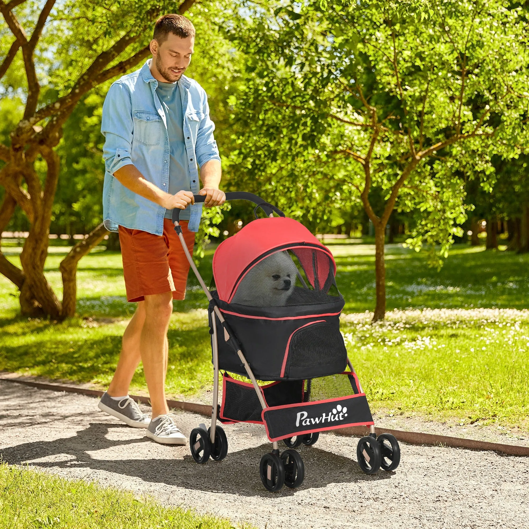 Detachable Pet Stroller, 3 In 1 Dog Cat Travel Carriage, Foldable Carrying Bag w/ Universal Wheels, Brake, Canopy, Basket, Storage Bag - Red