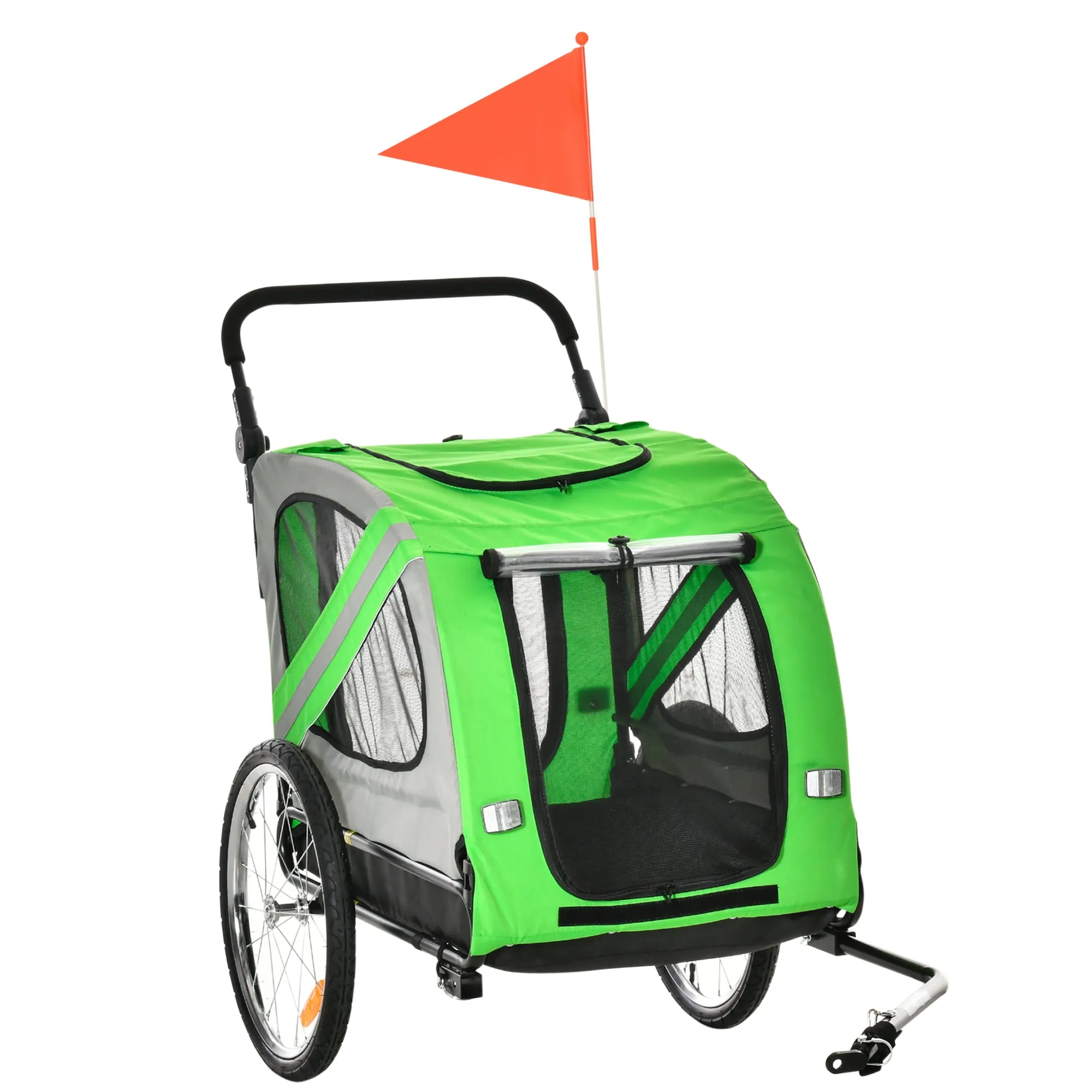 Dog Bike Trailer 2-in-1 Pet Stroller Cart Bicycle Carrier Attachment for Travel in steel frame with Universal Wheel Reflectors Flag Green