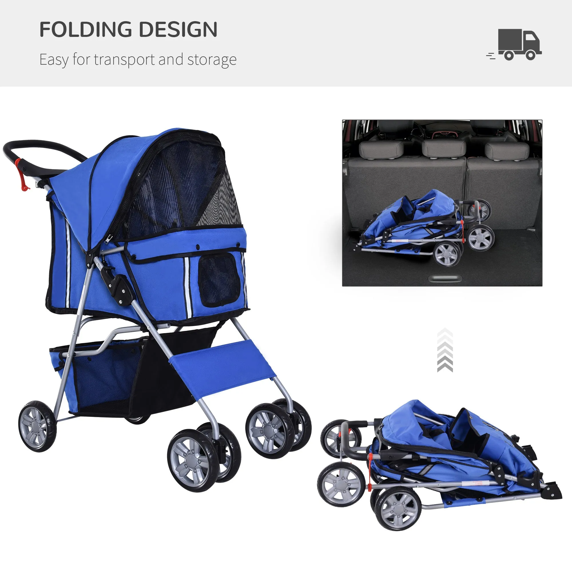 Dog Pushchair for Small Miniature Dogs Cats Foldable Travel Carriage with Wheels Zipper Entry Cup Holder Storage Basket Blue