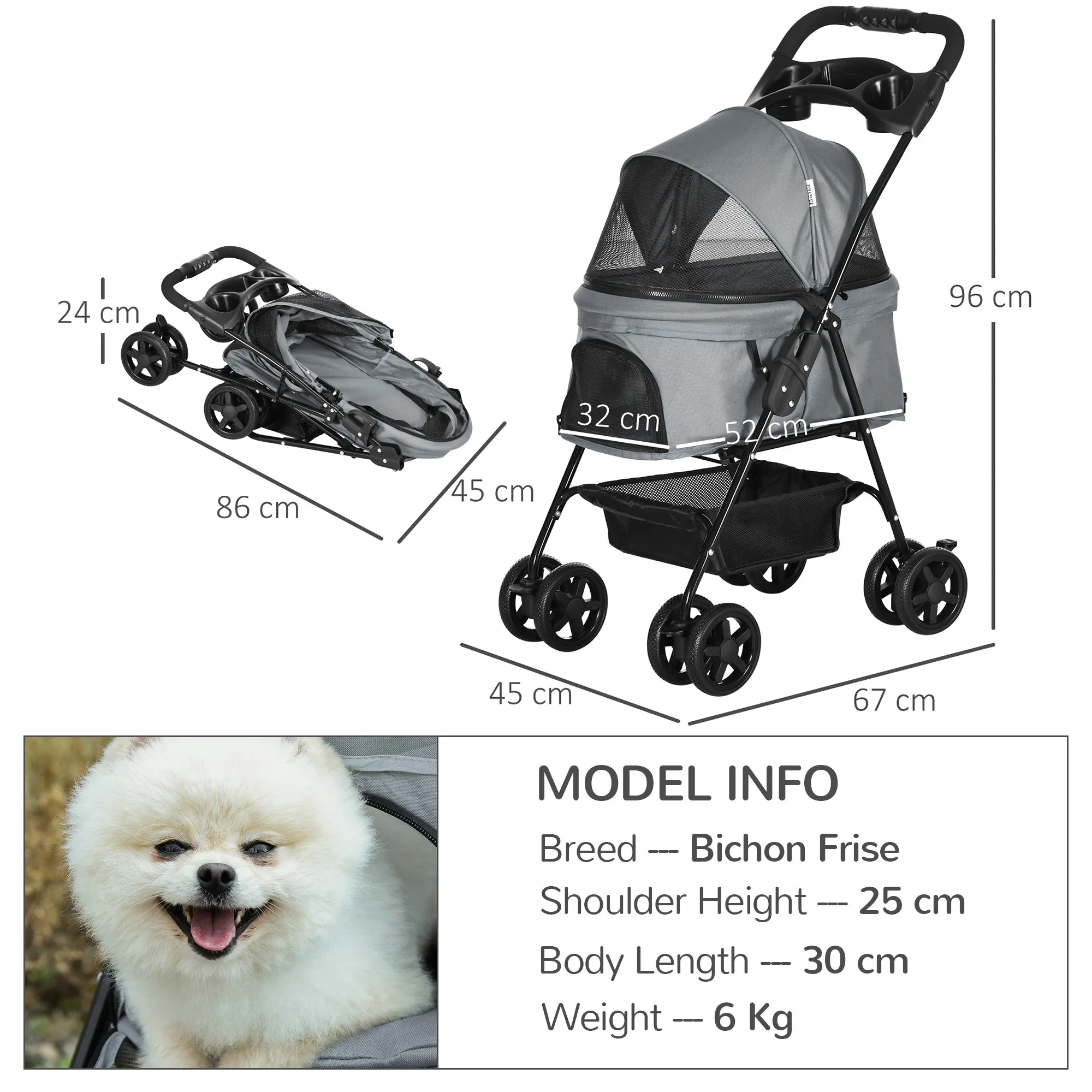 Dog Stroller Pet Cat Travel Pushchair One-Click Fold Trolley Jogger with EVA Wheels Brake Basket Adjustable Canopy Safety Leash for Small Dogs, Grey