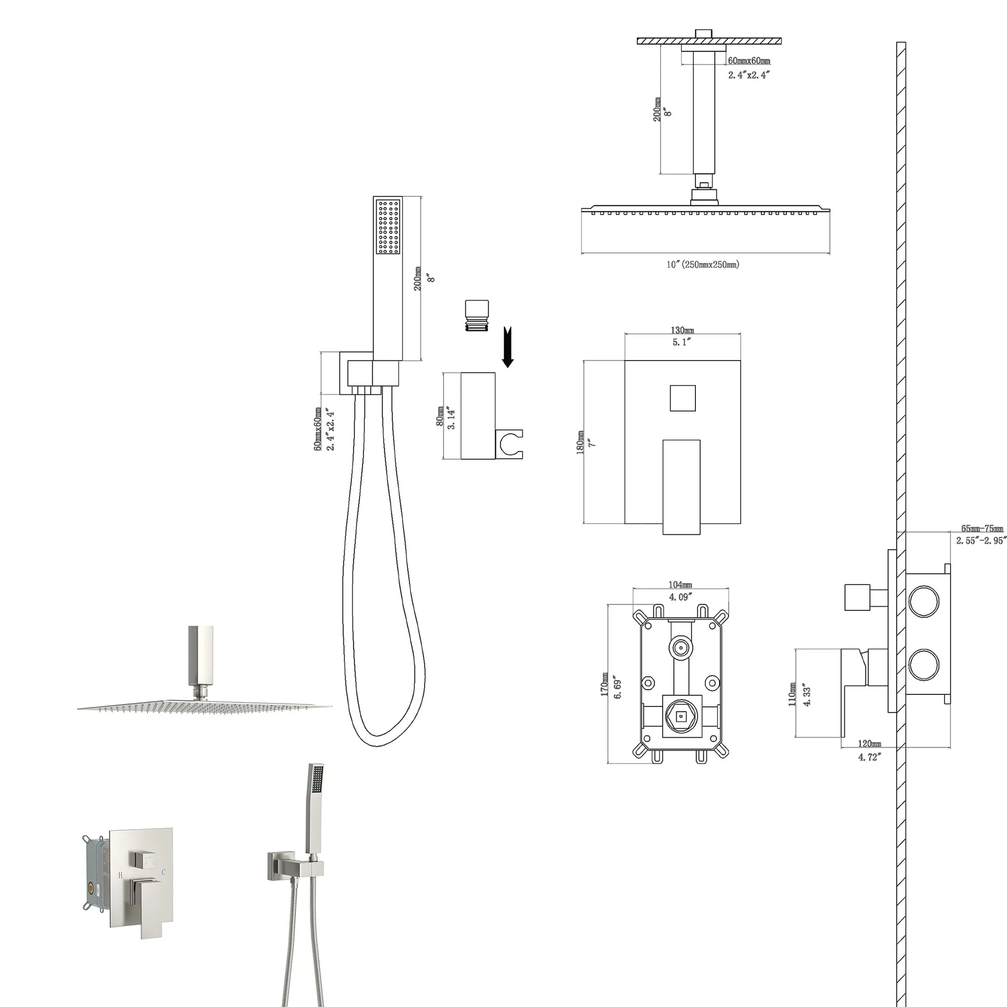 Dual Shower Head - 10 Inch Ceiling Mount Square Shower System with Rough-in Valve, Brushed Nickel