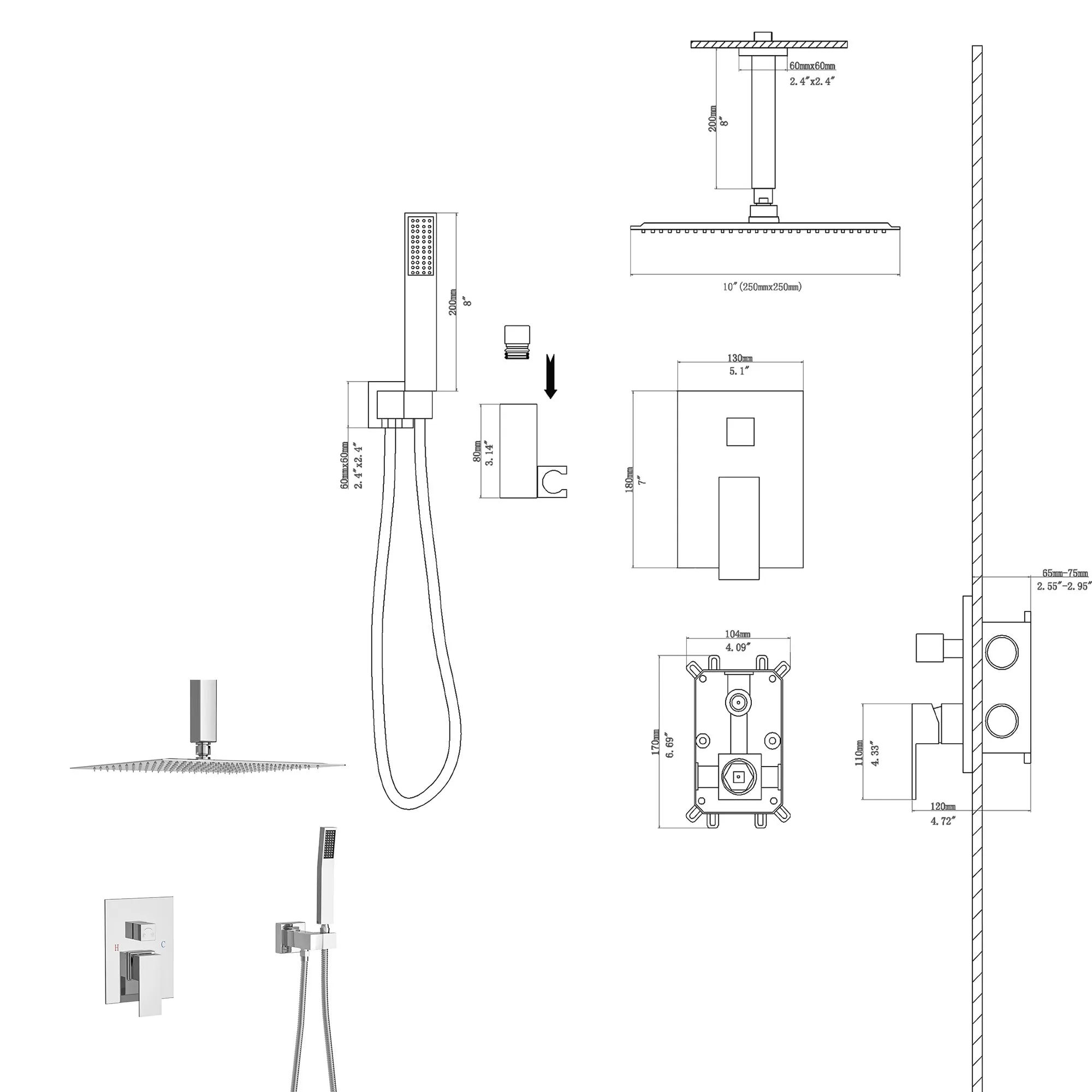 Dual Shower Head - 10 Inch Ceiling Mount Square Shower System with Rough-in Valve, Chrome