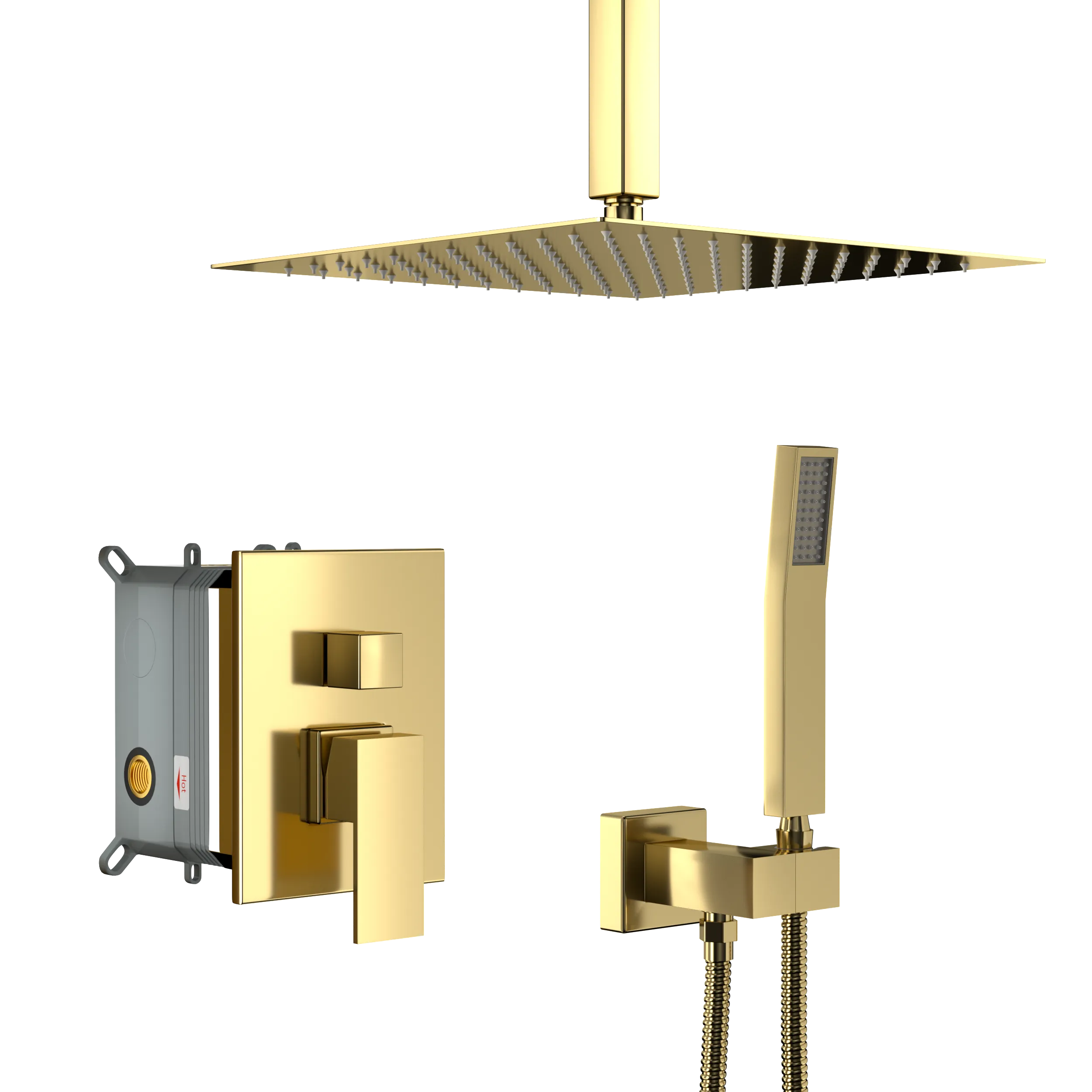 Dual Shower Head - 10 Inch Ceiling Mount Square Shower System with Rough-in Valve, Gold