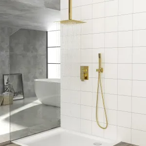 Dual Shower Head - 10 Inch Ceiling Mount Square Shower System with Rough-in Valve, Gold