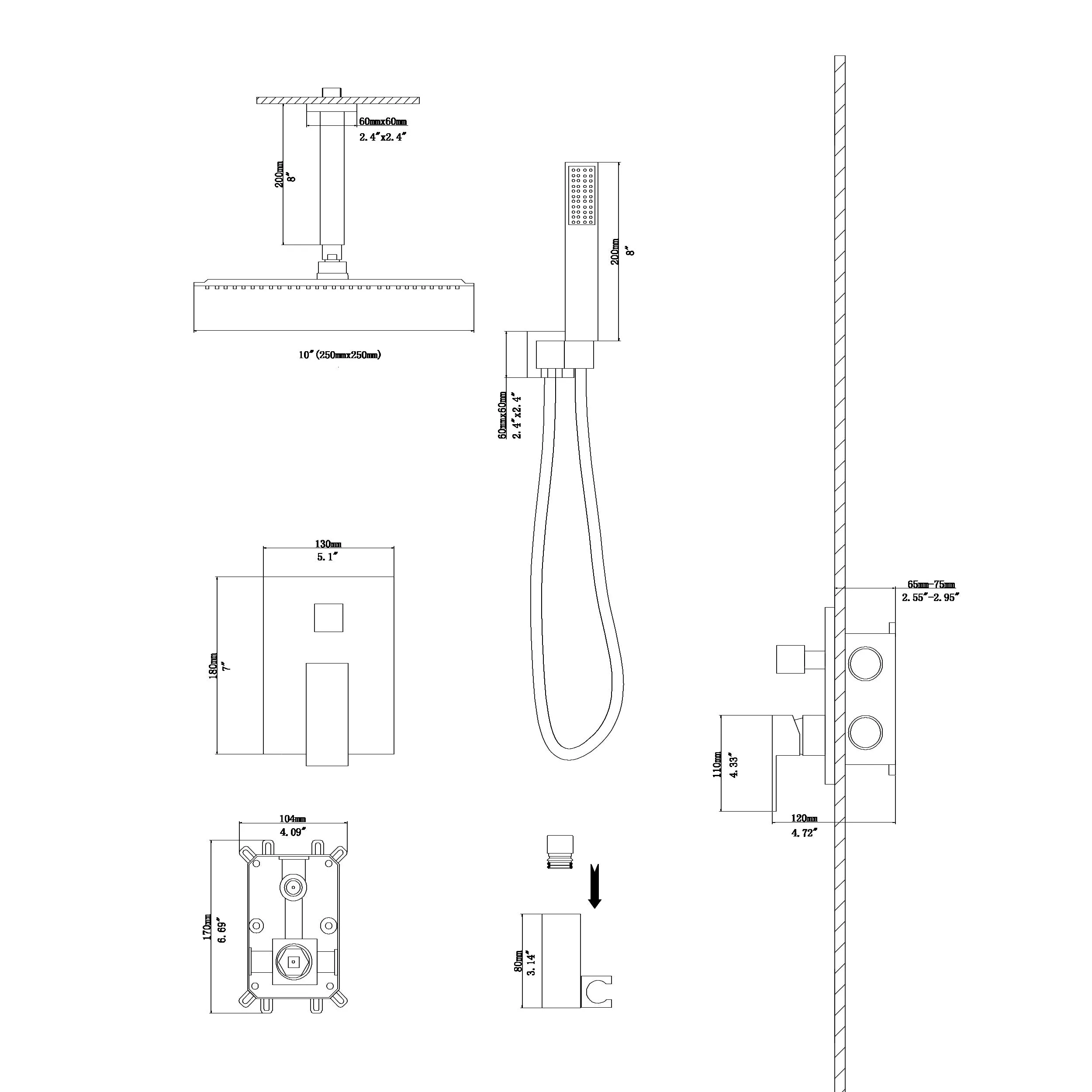 Dual Shower Head - 10 Inch Ceiling Mount Square Shower System with Rough-in Valve, Gold