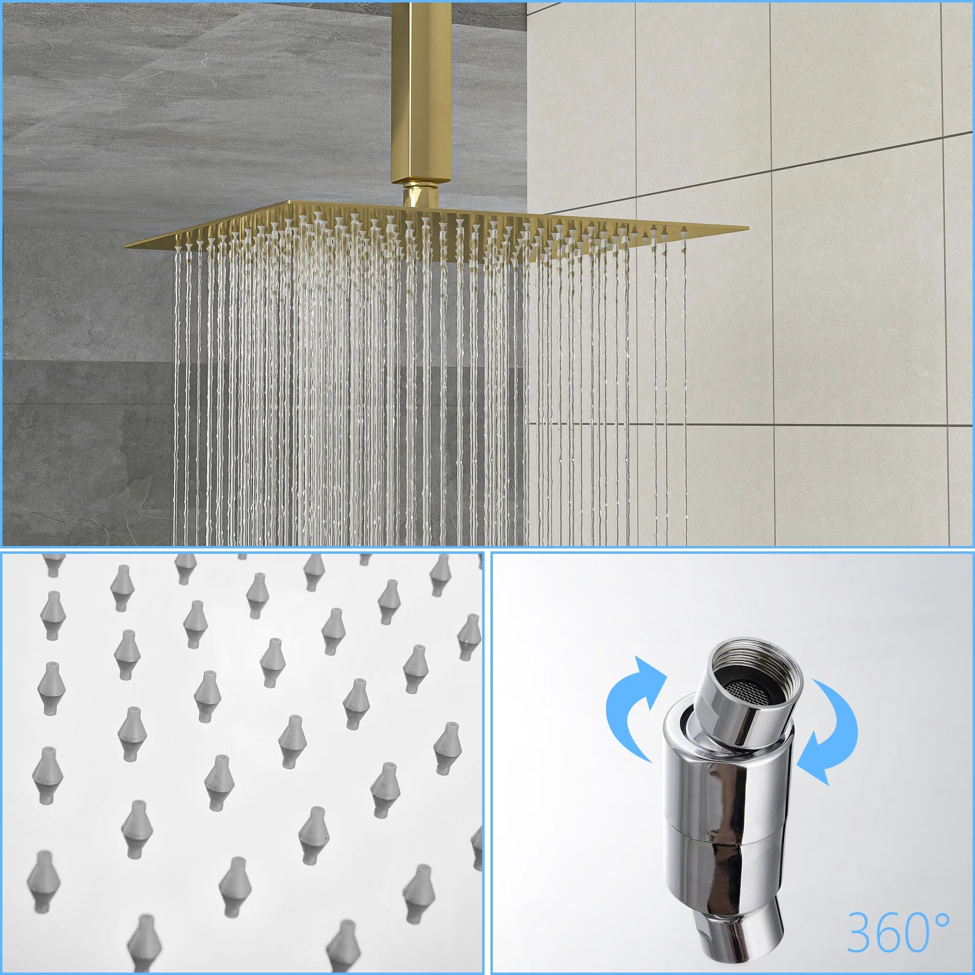 Dual Shower Head - 10 Inch Ceiling Mount Square Shower System with Rough-in Valve, Gold