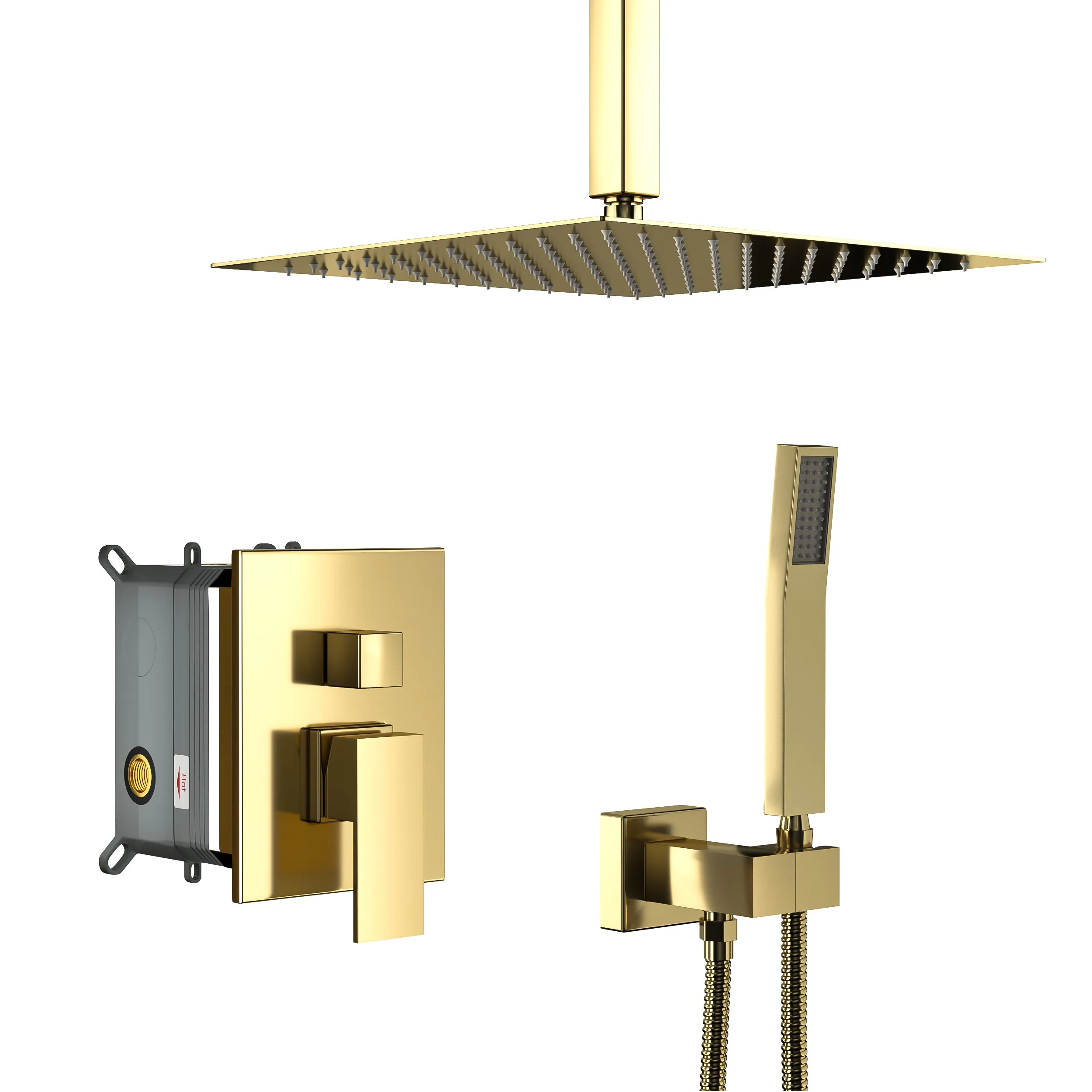 Dual Shower Head - 10 Inch Ceiling Mount Square Shower System with Rough-in Valve, Gold