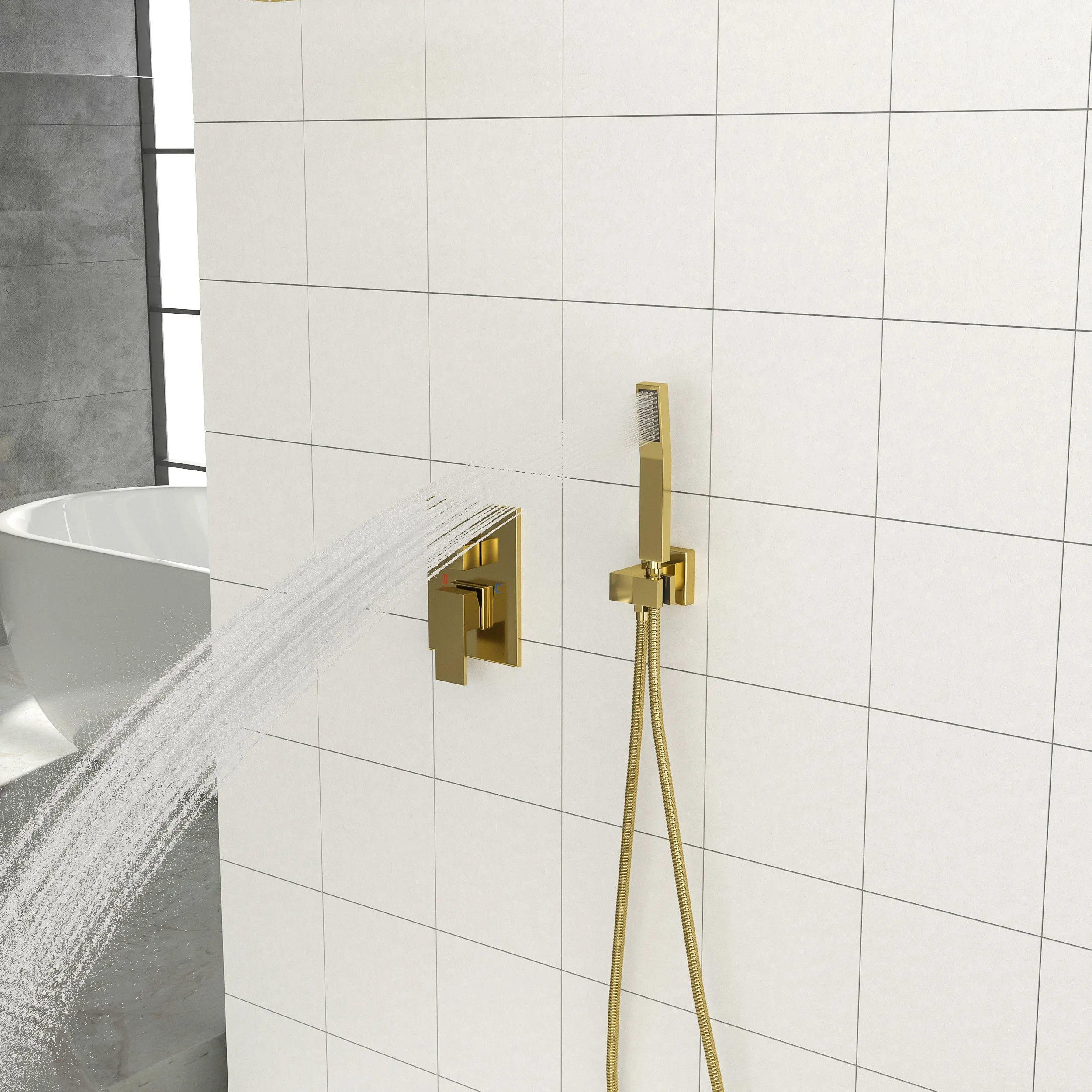 Dual Shower Head - 10 Inch Ceiling Mount Square Shower System with Rough-in Valve, Gold