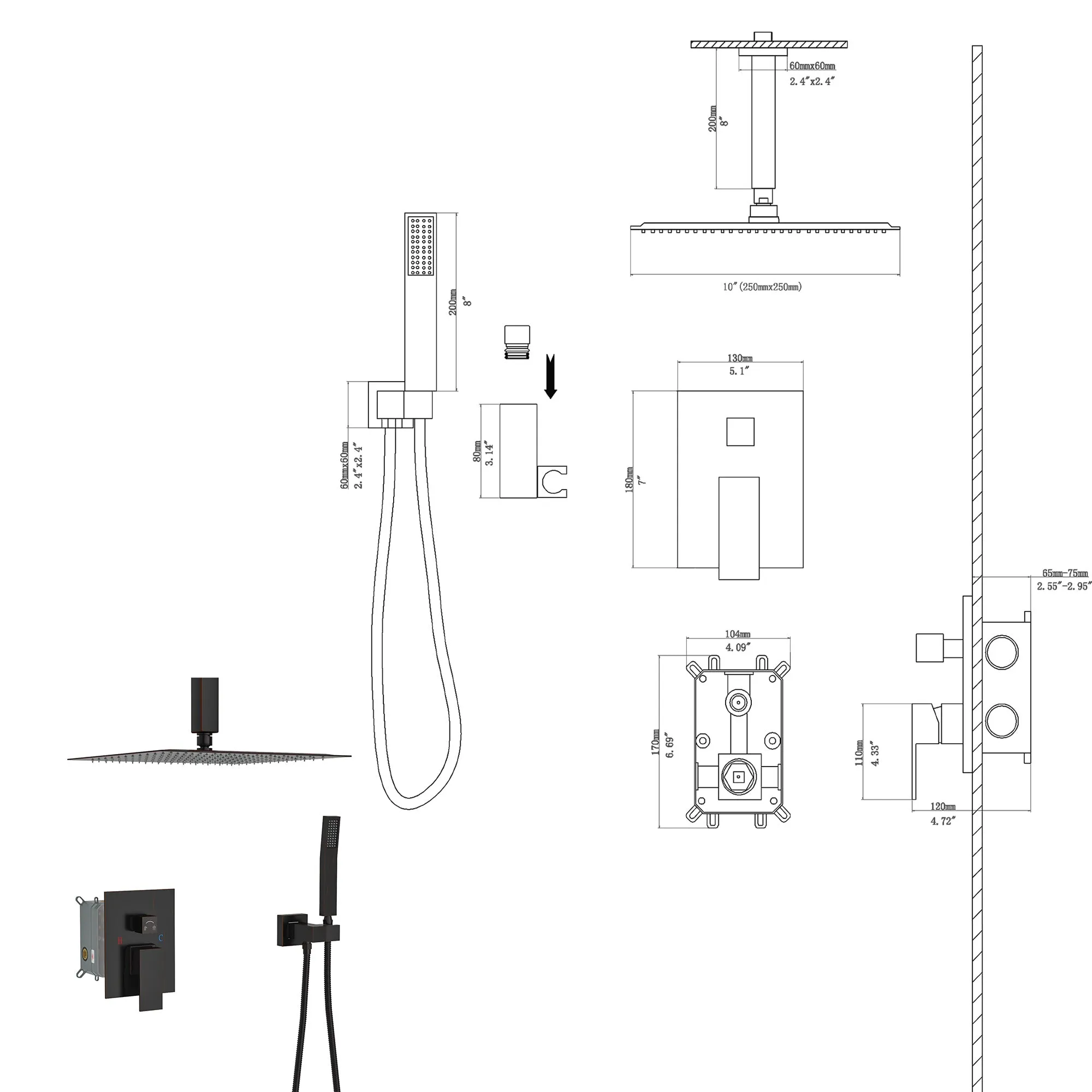 Dual Shower Head - 10 Inch Ceiling Mount Square Shower System with Rough-in Valve, Oil Rubber Bronze