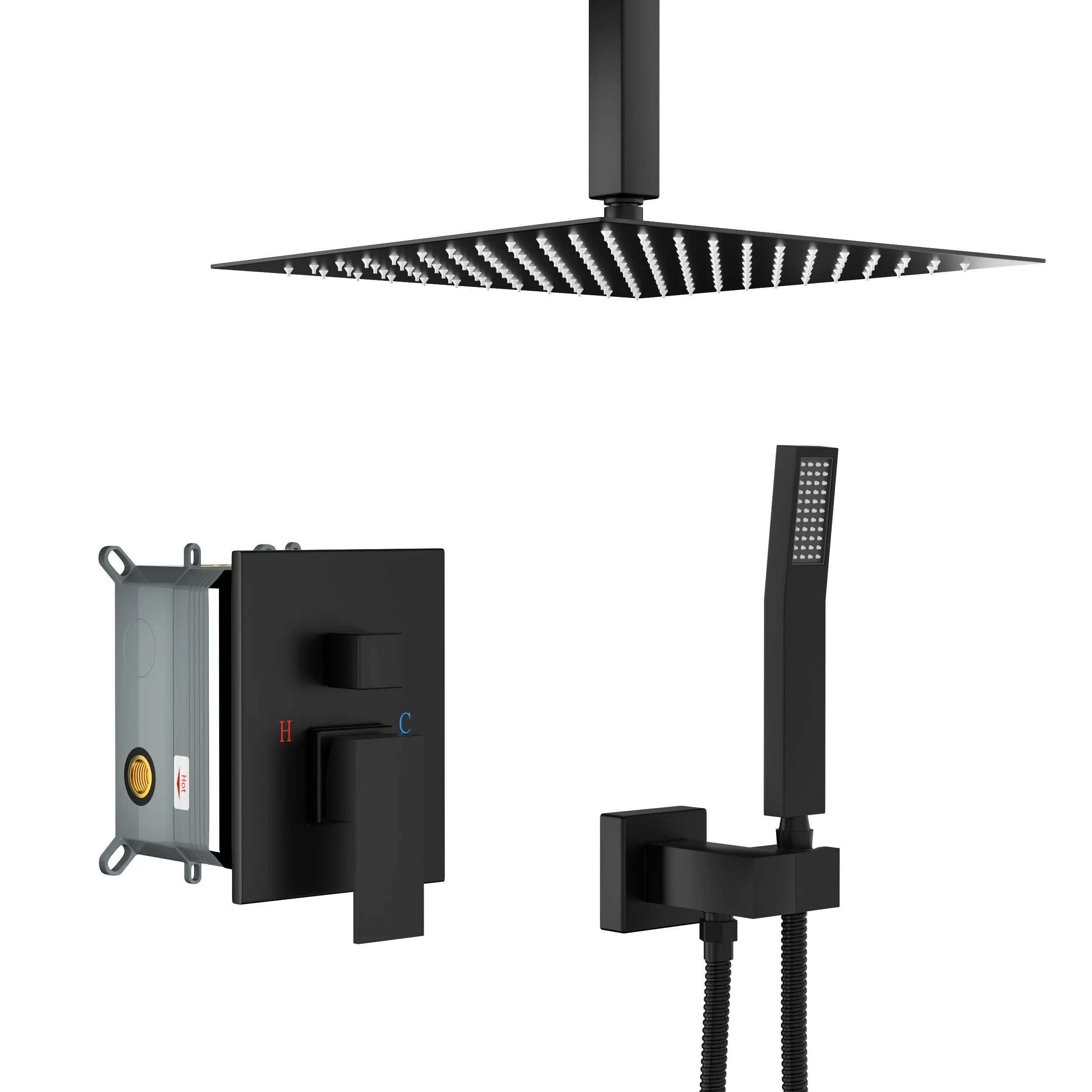 Dual Shower Head - 10 Inch Ceiling Mount Square Shower System with Rough-in Valve,Matte black