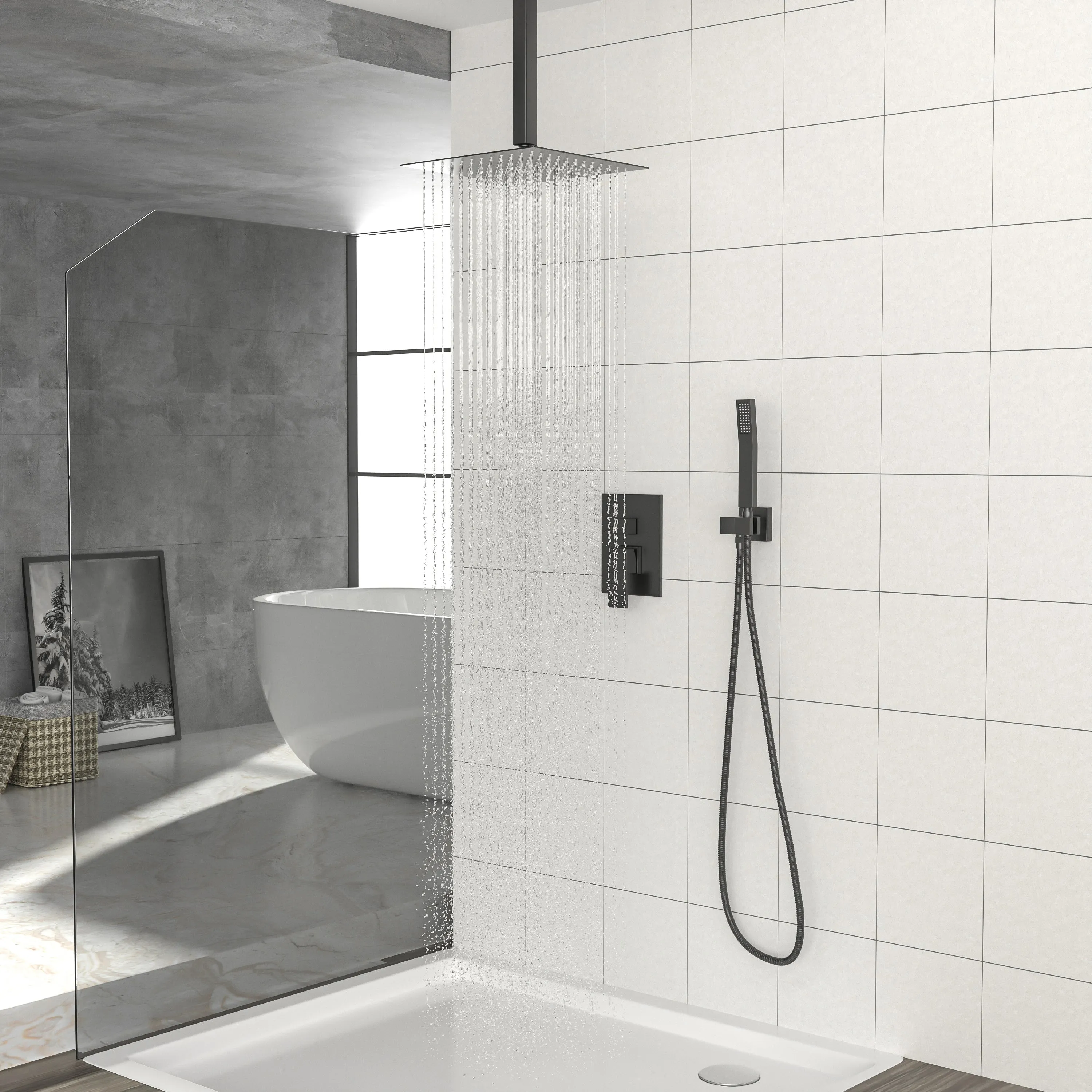 Dual Shower Head - 10 Inch Ceiling Mount Square Shower System with Rough-in Valve,Matte black