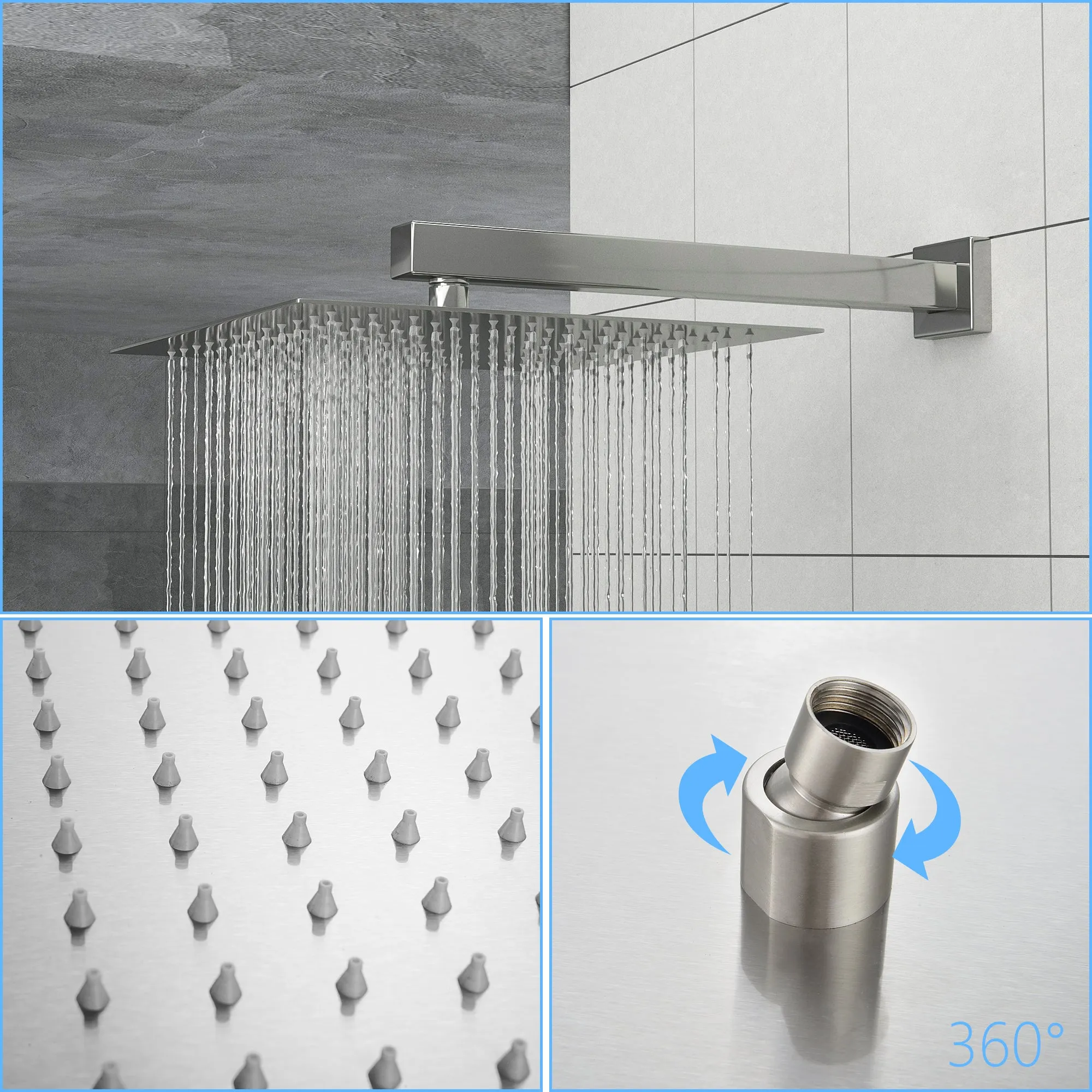 Dual Shower Head - 10 Inch Wall Mounted Square Shower System with Rough-in Valve, Brushed Nickel