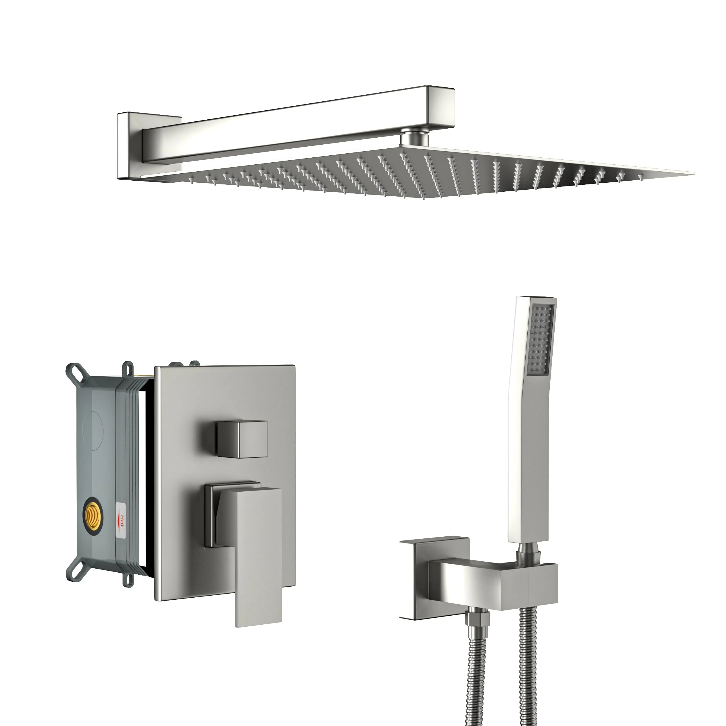 Dual Shower Head - 10 Inch Wall Mounted Square Shower System with Rough-in Valve, Brushed Nickel