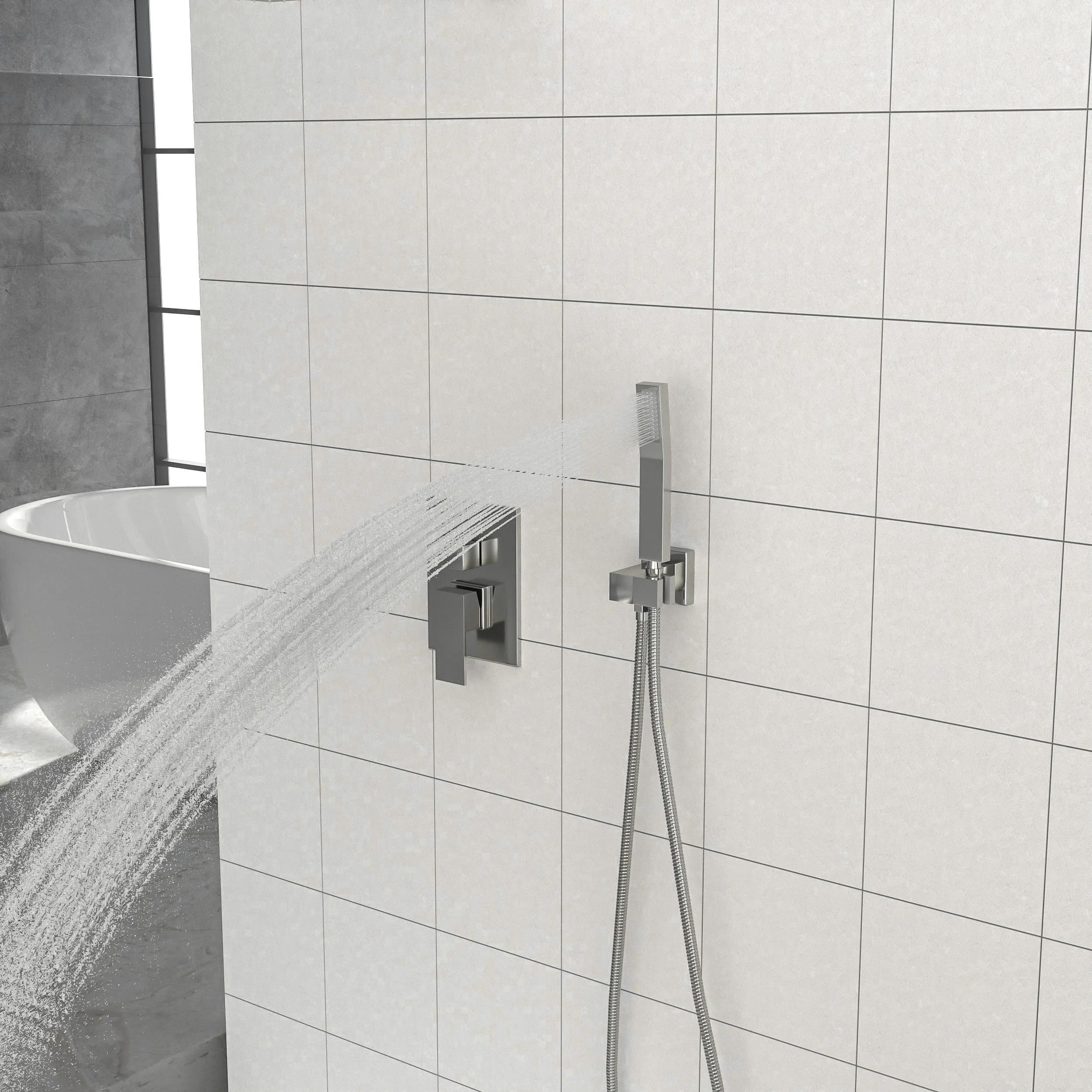 Dual Shower Head - 10 Inch Wall Mounted Square Shower System with Rough-in Valve, Brushed Nickel