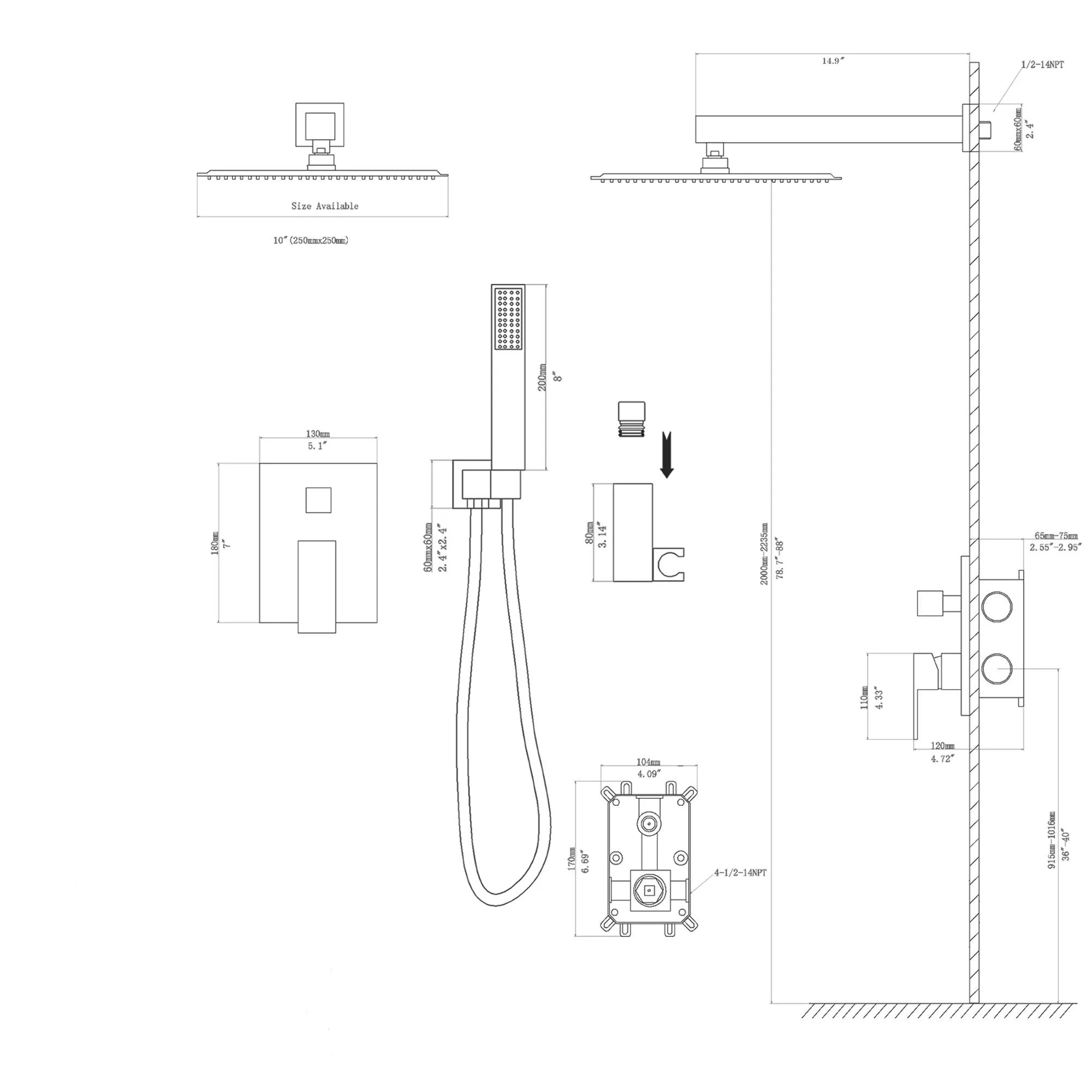 Dual Shower Head - 10 Inch Wall Mounted Square Shower System with Rough-in Valve, Brushed Nickel