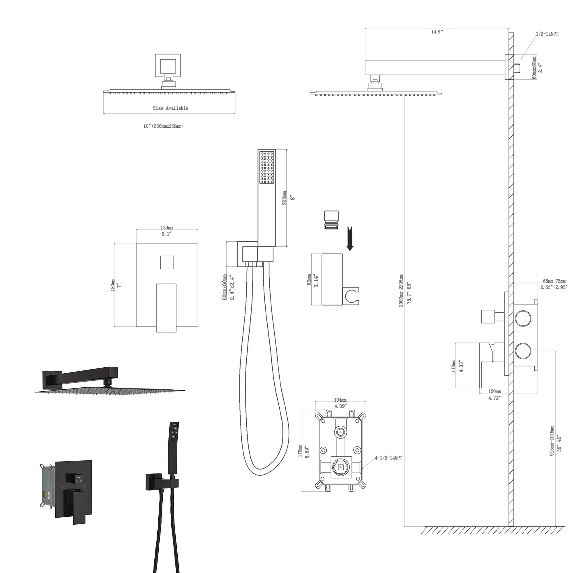 Dual Shower Head - 10 Inch Wall Mounted Square Shower System with Rough-in Valve, Oil Rubber Bronze