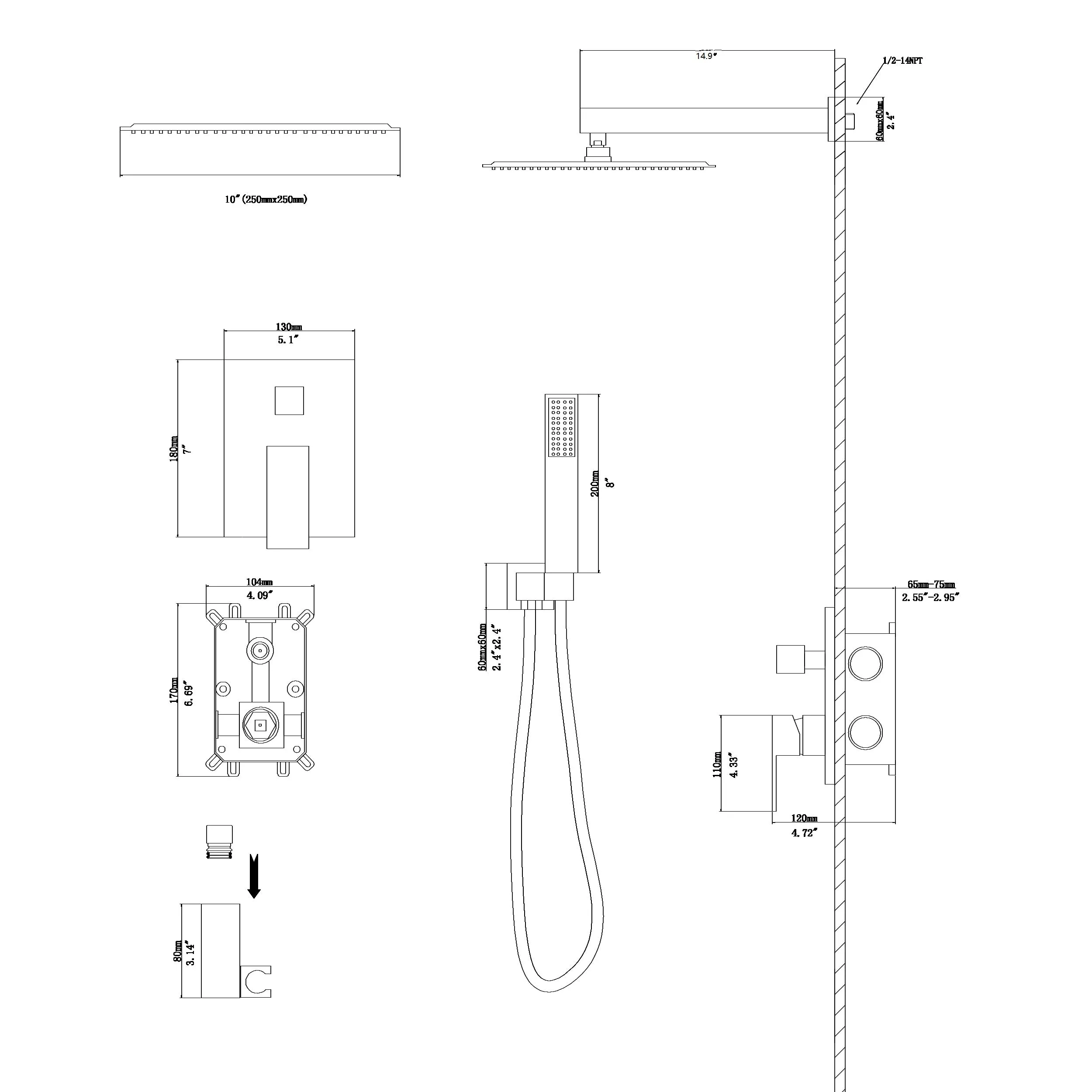 Dual Shower Head - 10 Inch Wall Mounted Square Shower System with Rough-in Valve,Chrome