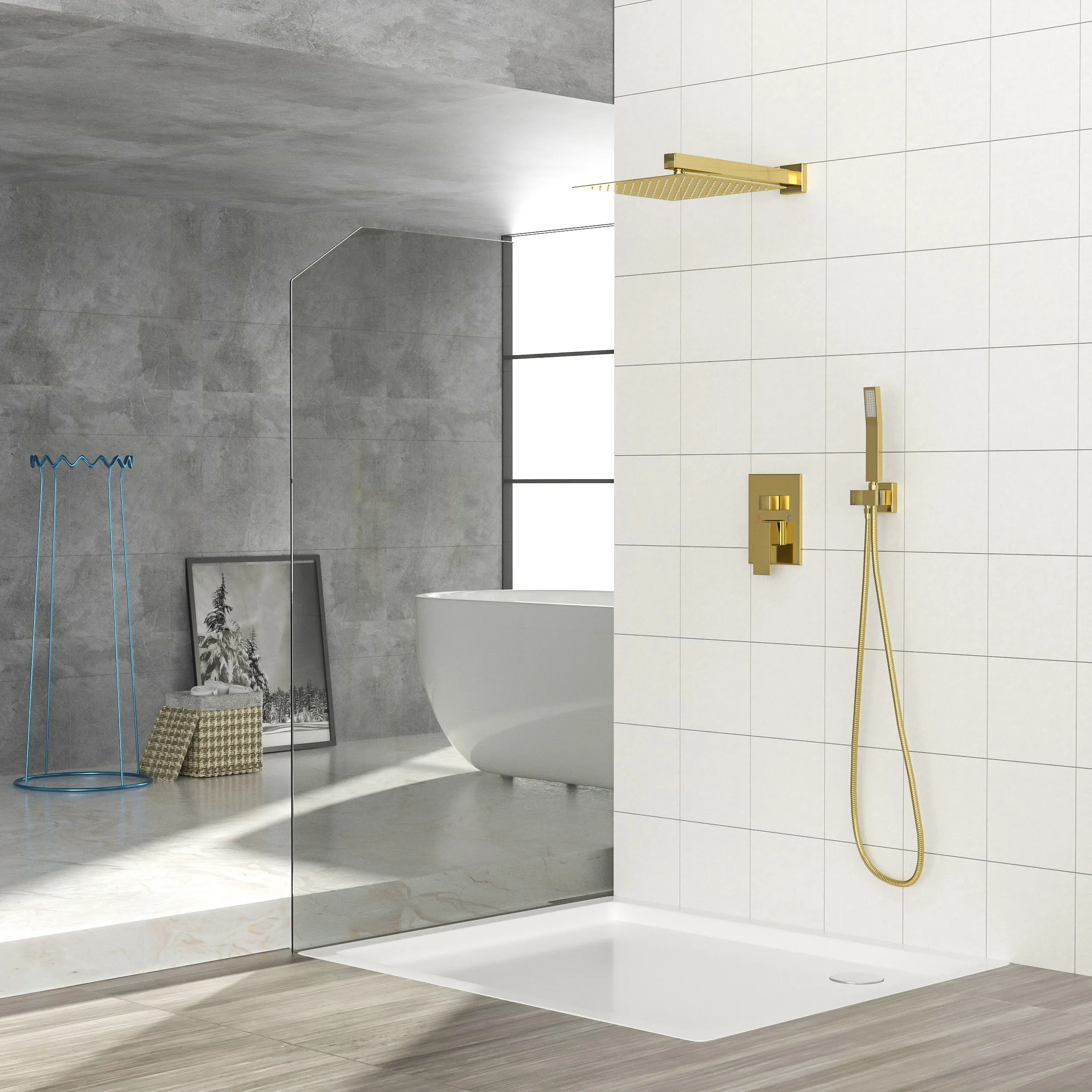 Dual Shower Head - 10 Inch Wall Mounted Square Shower System with Rough-in Valve,Gold