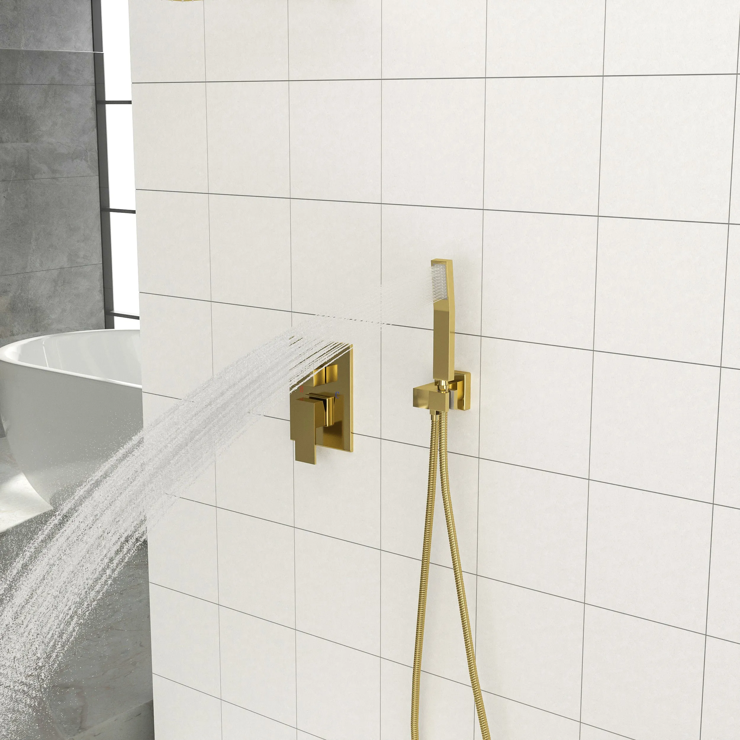 Dual Shower Head - 10 Inch Wall Mounted Square Shower System with Rough-in Valve,Gold