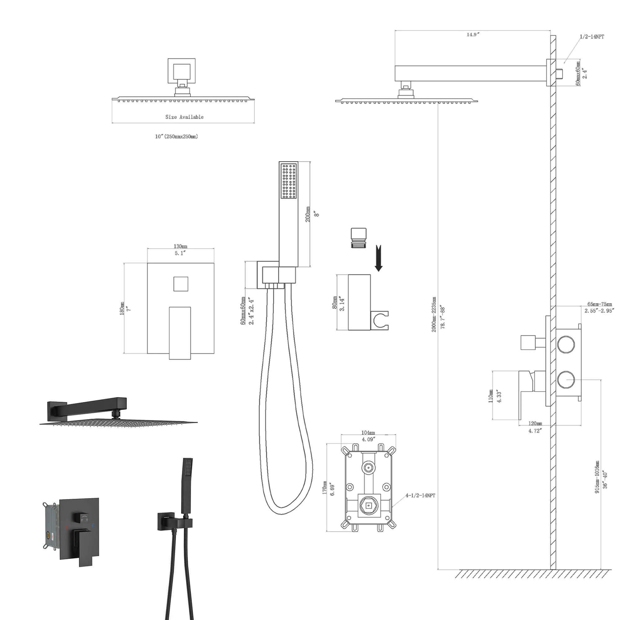 Dual Shower Head - 10 Inch Wall Mounted Square Shower System with Rough-in Valve,Matte black