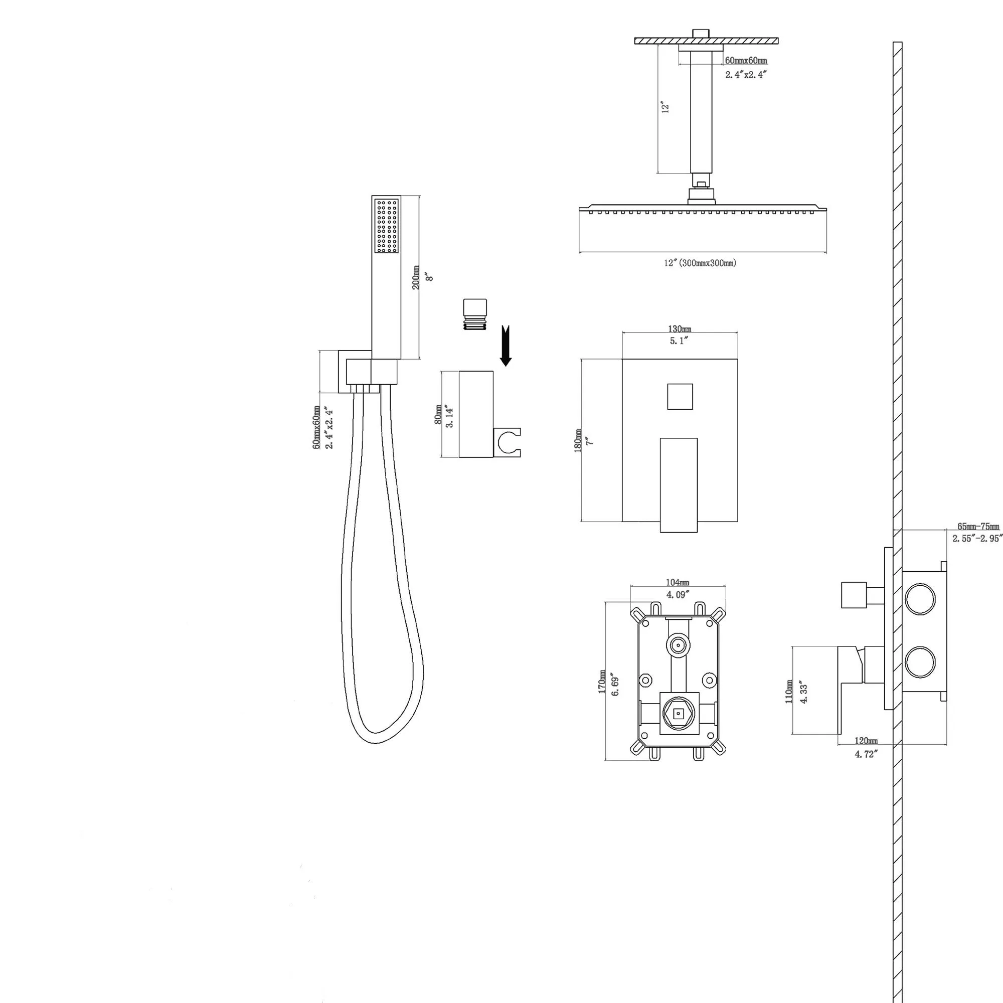 Dual Shower Head - 12 Inch Ceiling Mount Square Shower System with Rough-in Valve, Chrome