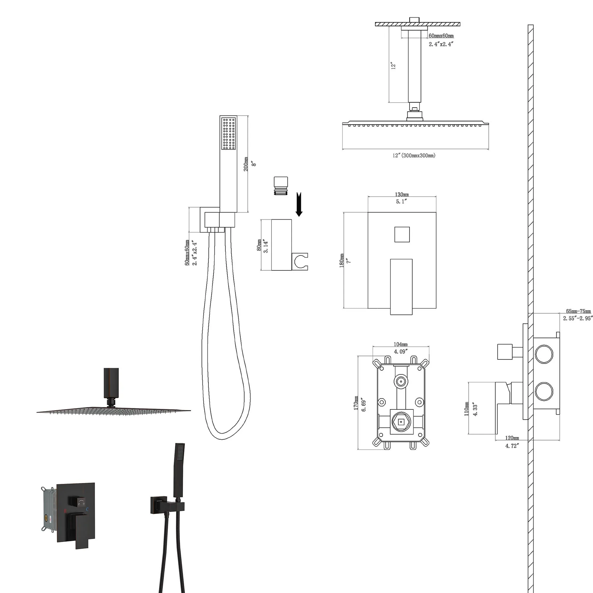 Dual Shower Head - 12 Inch Ceiling Mount Square Shower System with Rough-in Valve, Oil Rubber Bronze