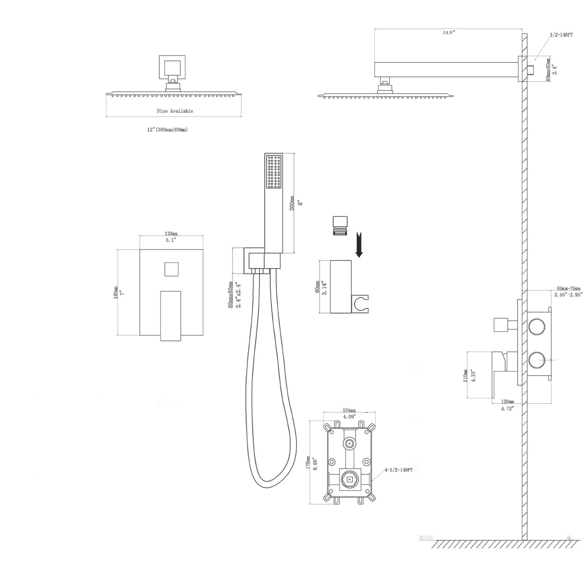 Dual Shower Head - 12 Inch Wall Mounted Square Shower System with Rough-in Valve,Chrome